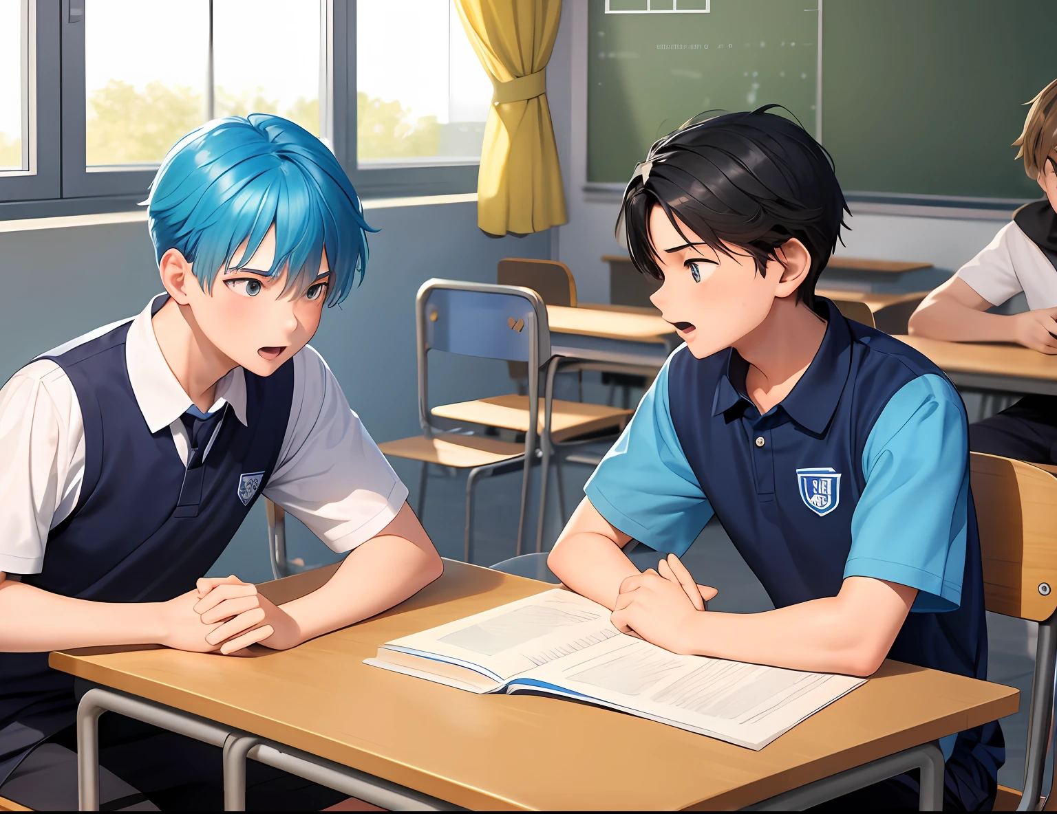A serious 15-year-old boy telling a story to another 15-year-old boy has blue hair and is in the school classroom, Behind them are other kids playing basketball.
