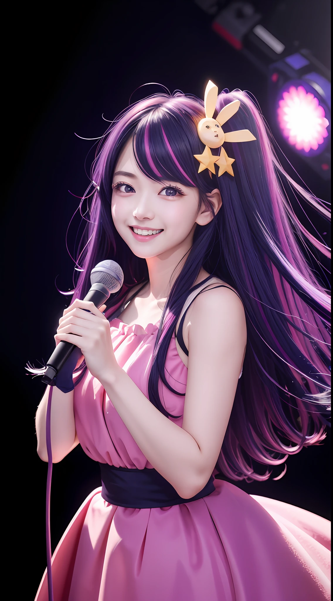 hoshino Ai, europe youth, long hair, purple hair, streaked hair ,purple eyes, star-shaped pupils, (hair ornament:1.2),  star-shaped pupils, (1 girl), (masterpiece, best quality:1.4), (modern days), 1girl, solo, pov, sfw, stunning girlfriend, (standing:1.1), highly detailed skin, skin pores, subsurface scattering, medium breast, loving smile, full body, wide shot, singing on a performance, pink idol dress, with a microphone, full lips, detailed background, depth of field, atmospheric perspective, volumetric lighting, sharp focus, absurdres, realistic proportions, good anatomy, (realistic, hyperrealistic:1.4), 16k hdr,