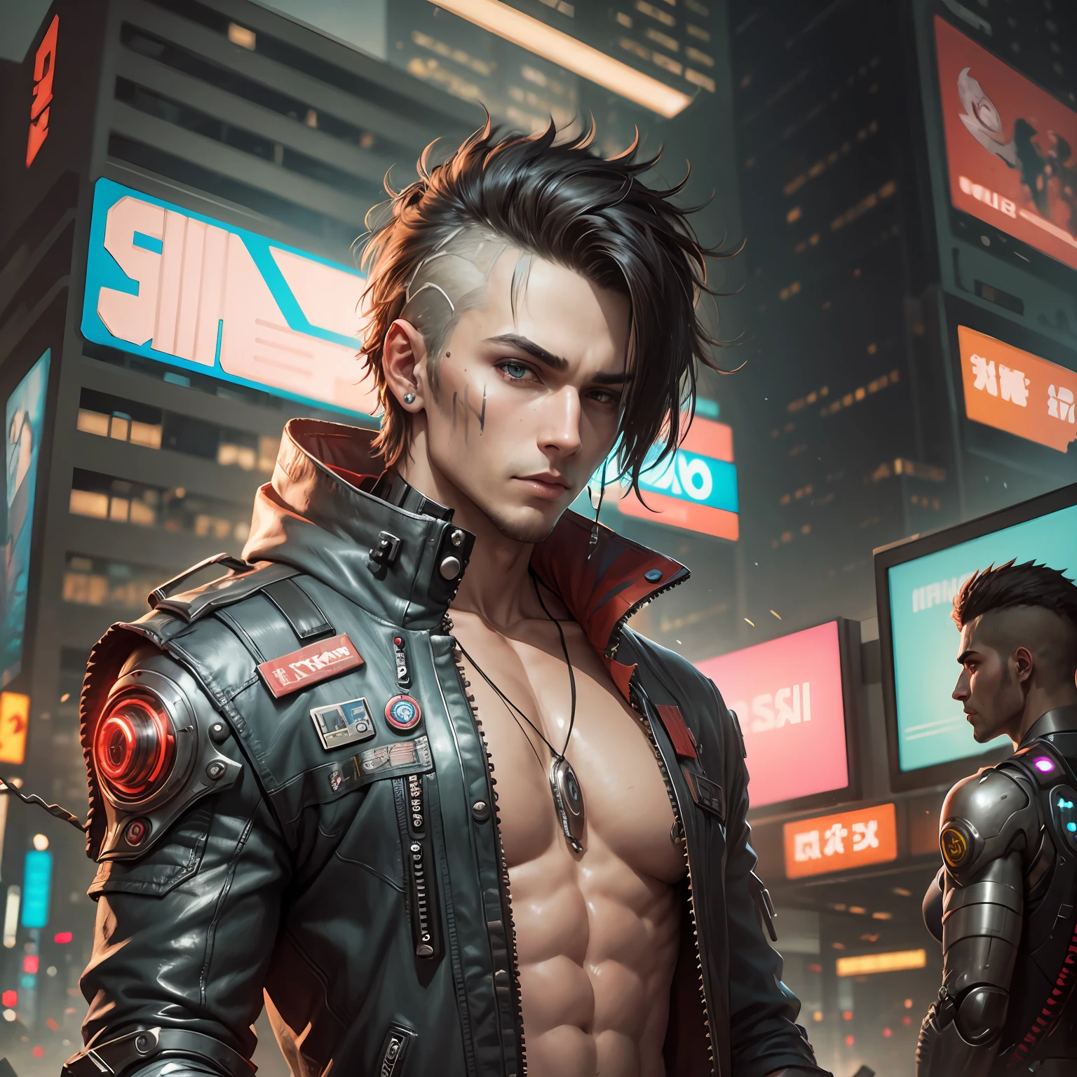 Cyberpunk, half-human, human-faced, other mechanical, handsome male