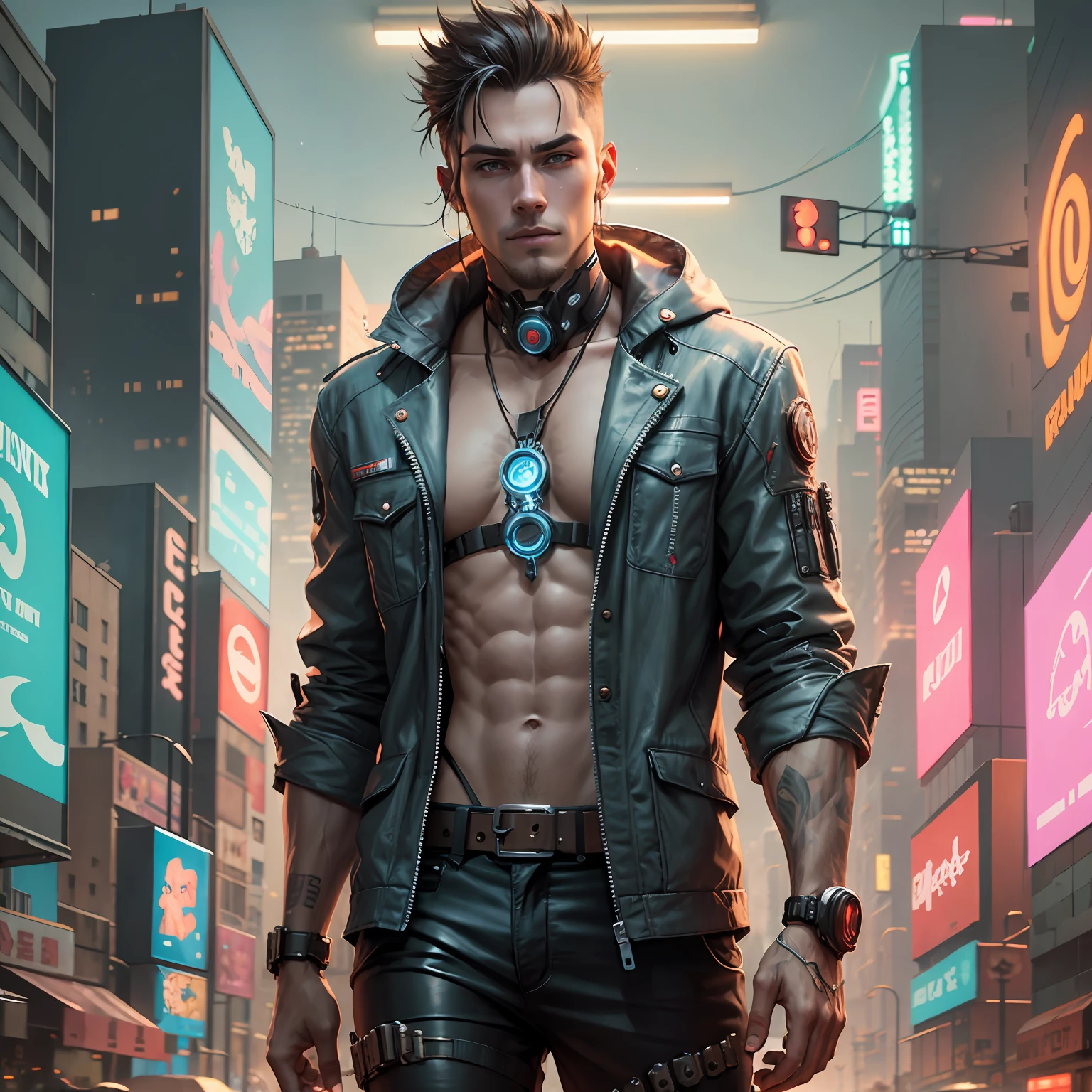 Cyberpunk, half-human, human-faced, other mechanical, handsome male