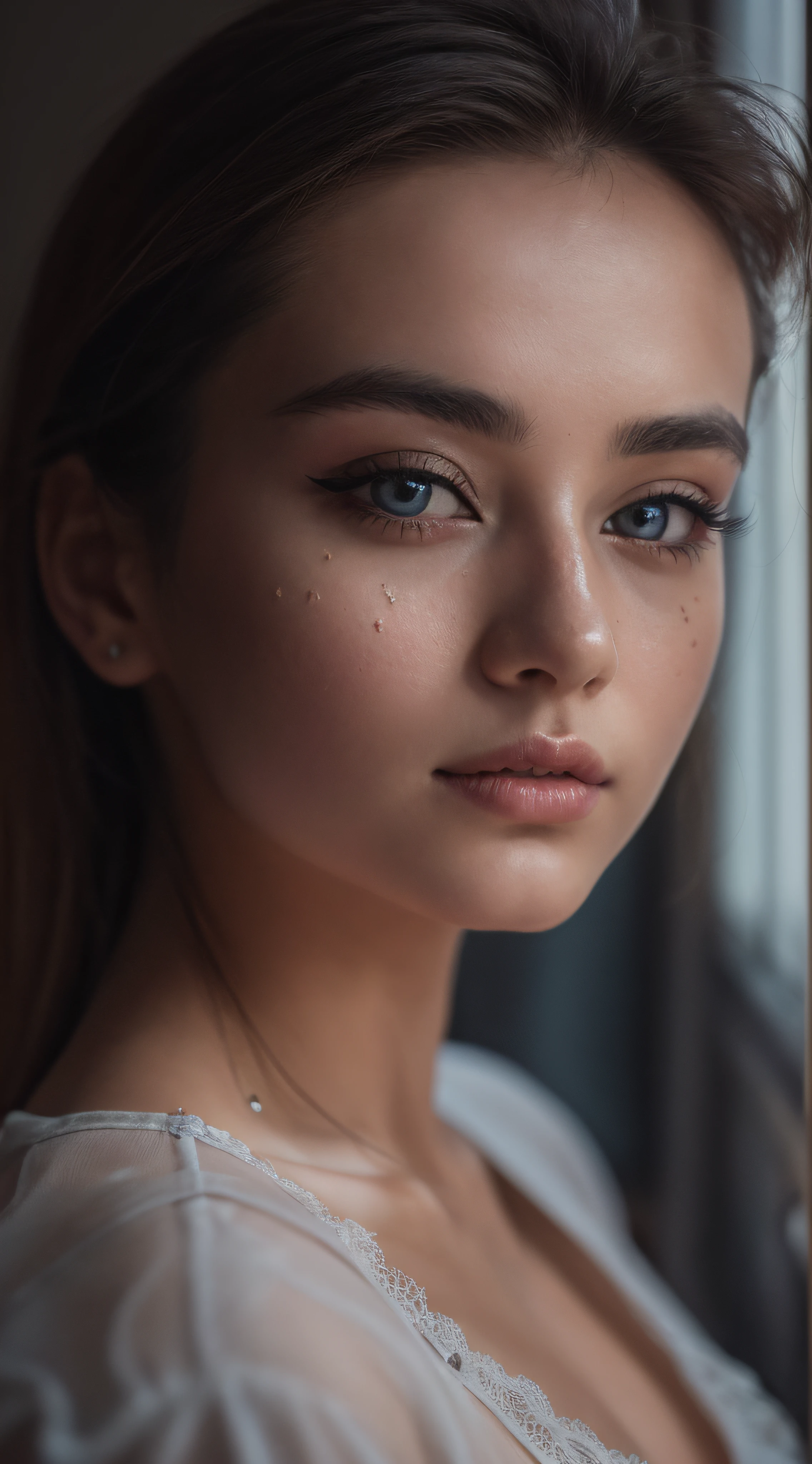 RAW photo, a 22-year-old-girl, in lingerie, sit beside window, (1girl), (realistic), (photo-realistic:1.5), lipstick,(RAW photo, 8k uhd, film grain), Sharp Eyeliner, Blush Eyeshadow With Thick Eyelashes, extremely delicate and beautiful, 8k, soft lighting, high quality, highres, sharp focus, extremely detailed, (sunlight on face), beautiful detailed eyes, extremely detailed eyes and face, masterpiece, cinematic lighting, (high detailed skin:1.2), 8k uhd, dslr, soft lighting, high quality, film grain, Fujifilm XT3