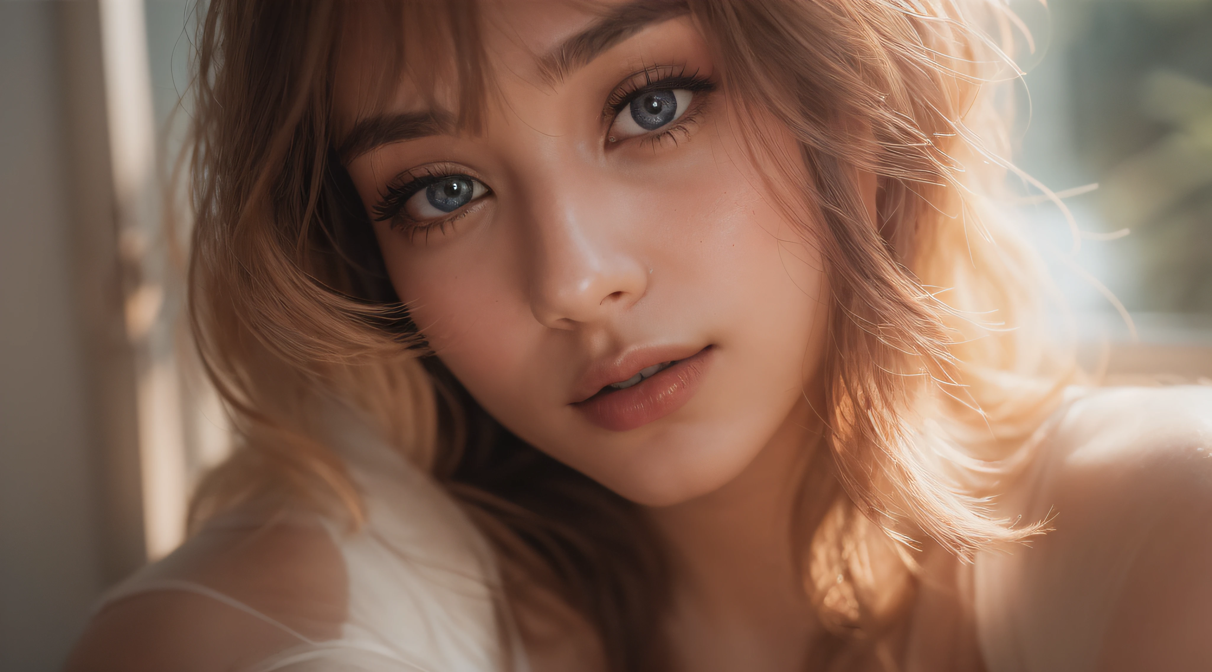 RAW photo, a 22-year-old-girl,  in lingerie, sit beside window, (1girl), (realistic), (photo-realistic:1.5), lipstick,(RAW photo, 8k uhd, film grain), Sharp Eyeliner, Blush Eyeshadow With Thick Eyelashes, extremely delicate and beautiful, 8k, soft lighting, high quality, highres, sharp focus, extremely detailed, (sunlight on face), beautiful detailed eyes, extremely detailed eyes and face, masterpiece, cinematic lighting, (high detailed skin:1.2), 8k uhd, dslr, soft lighting, high quality, film grain, Fujifilm XT3