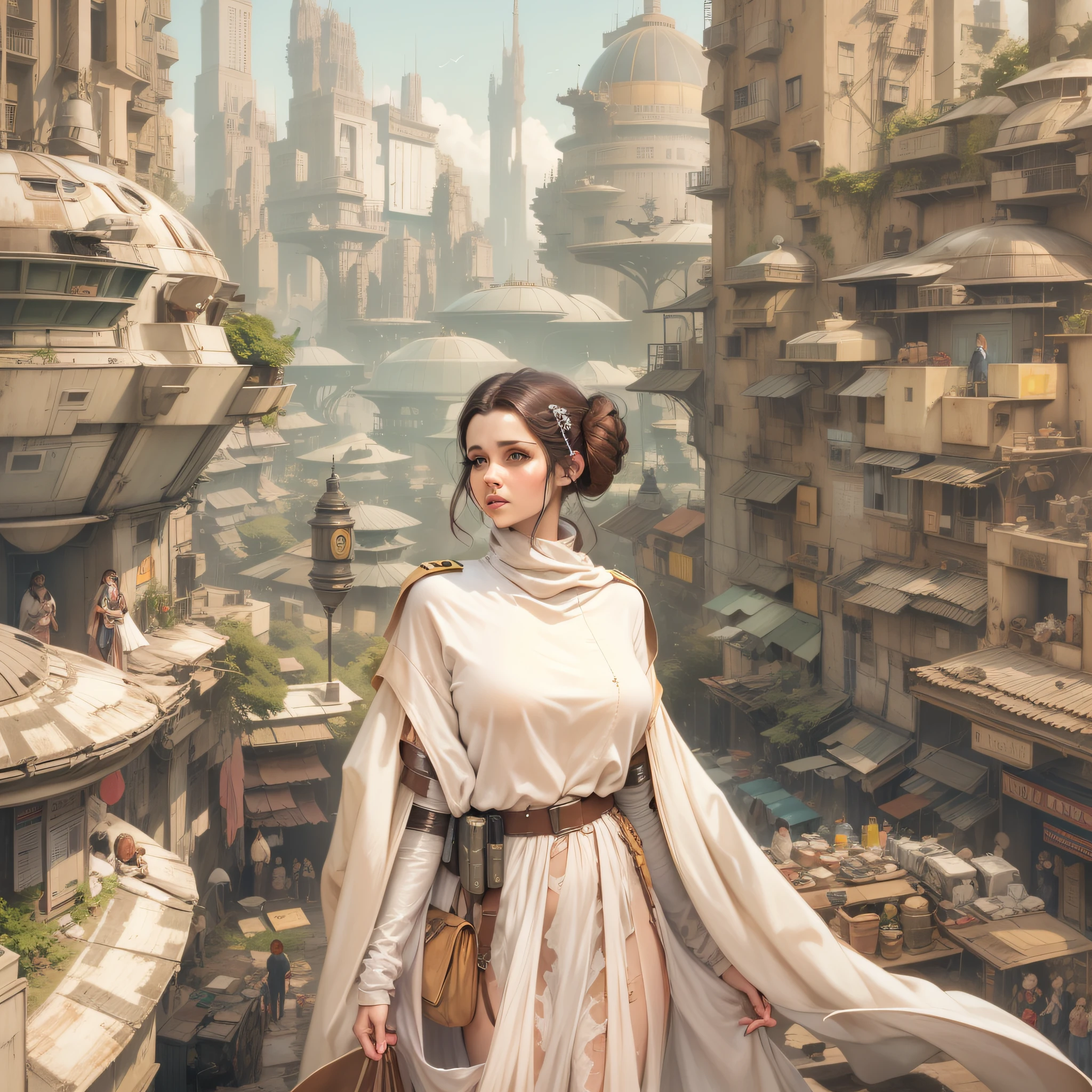 en estilo comic, la princesa leia y su escolta imperial, pasean por las calles de la ciudas de coruscant, con inmensos edificios tecnologicos, y sus naves voladoras,con todo el ambiente y estilo star wars.