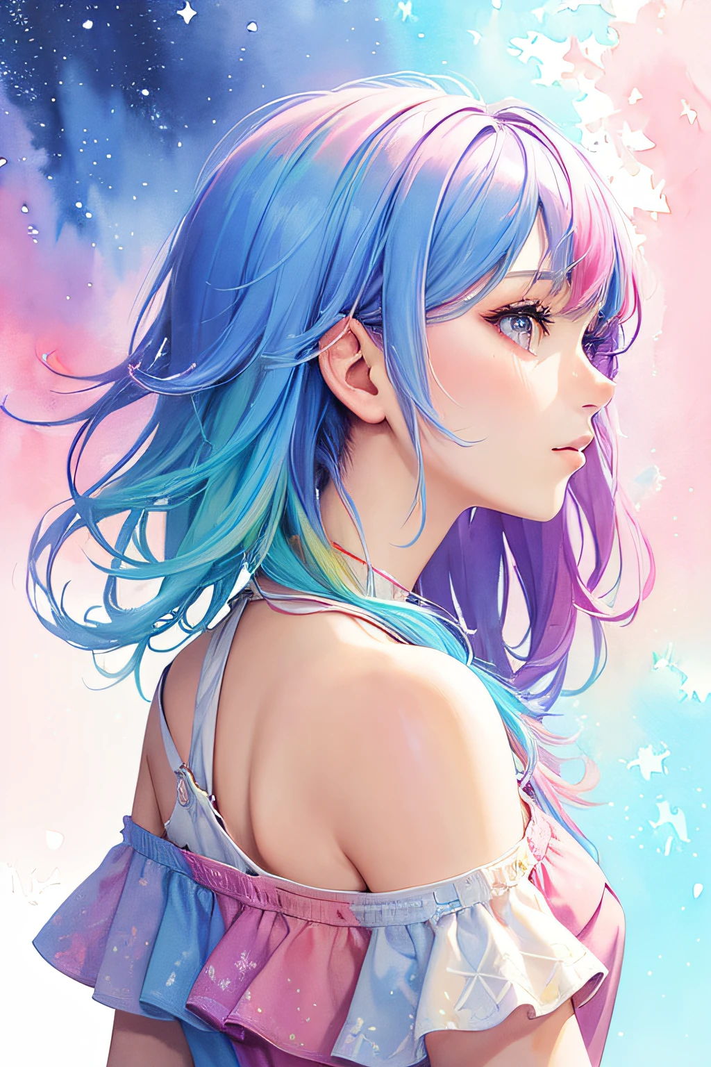 (masterpiece, top quality, best quality,watercolor (medium),official art, beautiful and aesthetic:1.2),(1girl:1.3), (fractal art:1.3),upper body, from side, looking at viewer,patterns,(rainbow color Hair,colorful hair,half blue and half pink hair:1.2),water,liquid, cloud,colorful, starry,stars,