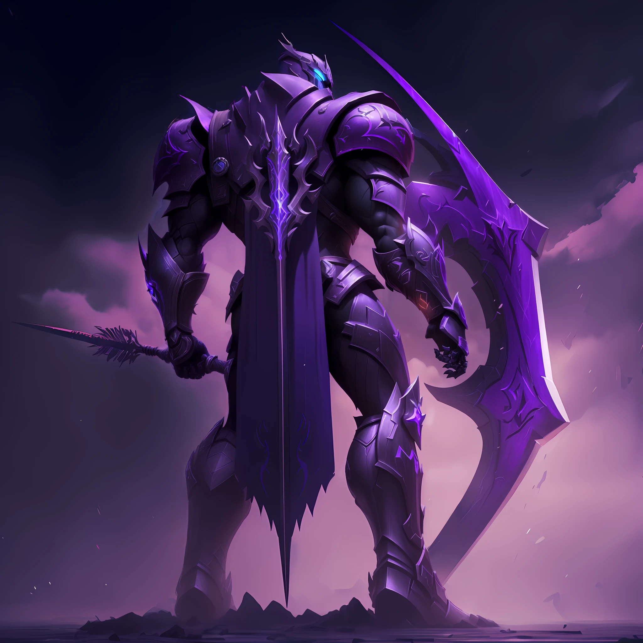 Arafed image of a purple and black robot with a sword, 8 K HD WallpaperArtefato jpeg, 8k hd wallpaperjpeg artefato, arte oficial splash, armadura roxa, Darksiders Estilo de Arte, Arte conceitual da Riot Games, iconic character splash art, Estilo Darksiders, Arte conceitual de League of Legends, Arte conceitual do jogo Blizzard, arte conceitual