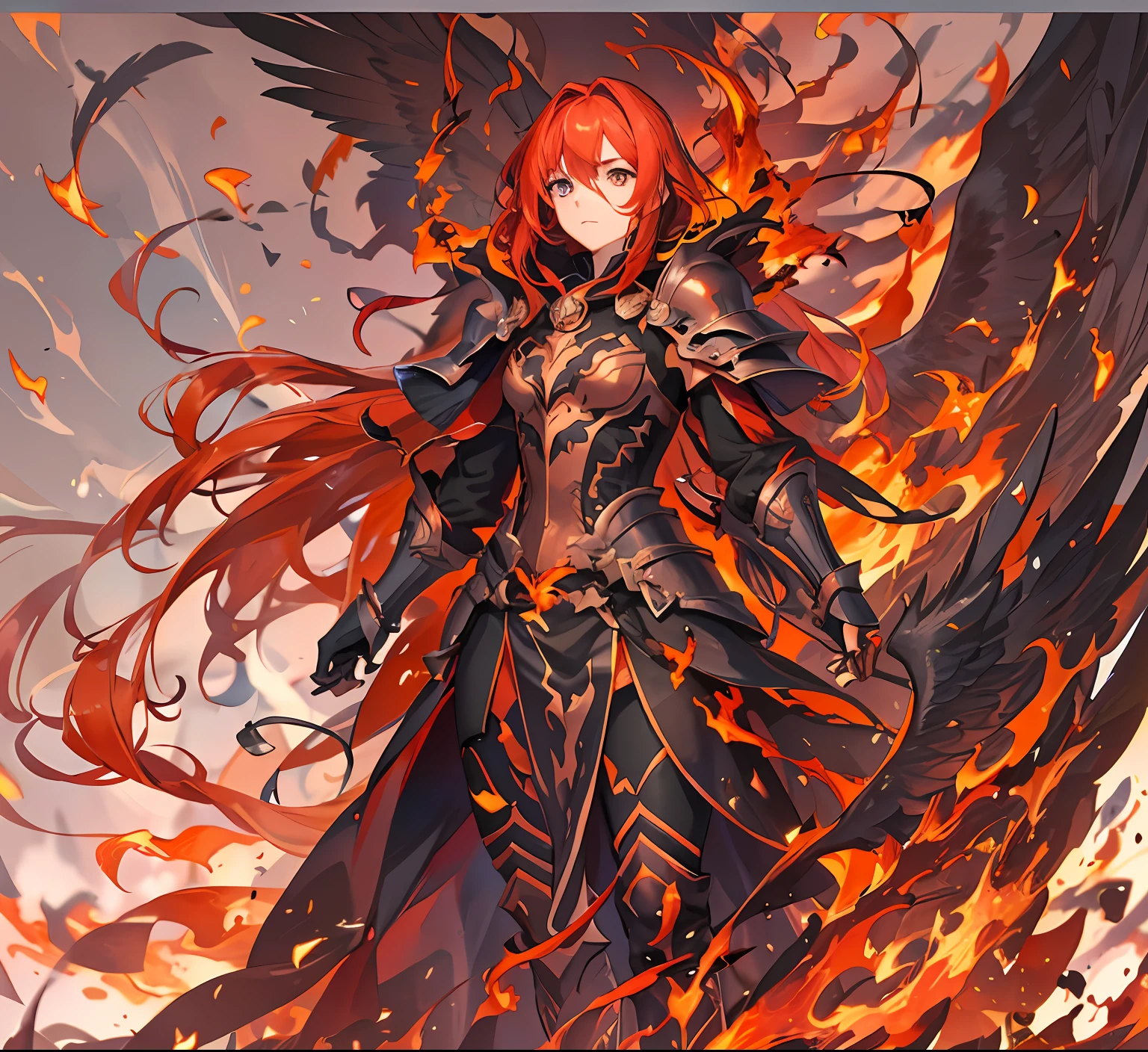 Wears crimson armor，The body is slender，The whole body is wrapped in flames，There is a phoenix phantom behind it，A red-haired man stood with a sword