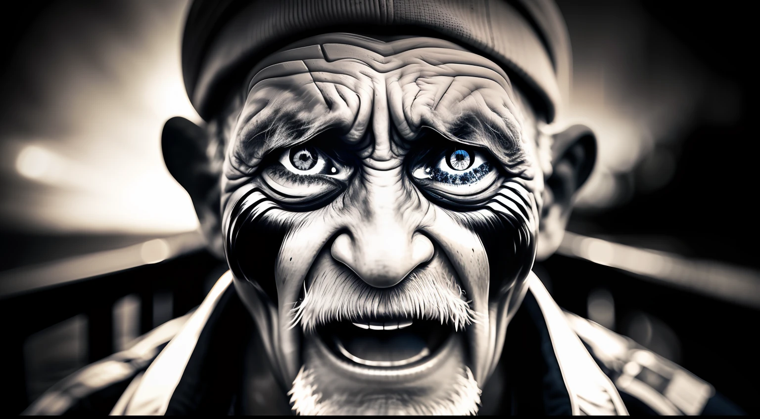 award winning upper body portrait photo of an old screaming sailor, eyes looking upwards, (bokeh:0.7), sidelit, (wrinkled face in detail:0.7), telephoto, moonlit, torchlit, gritty atmosphere, oceanic night exterior, realistic, intricate details, true aged skin texture