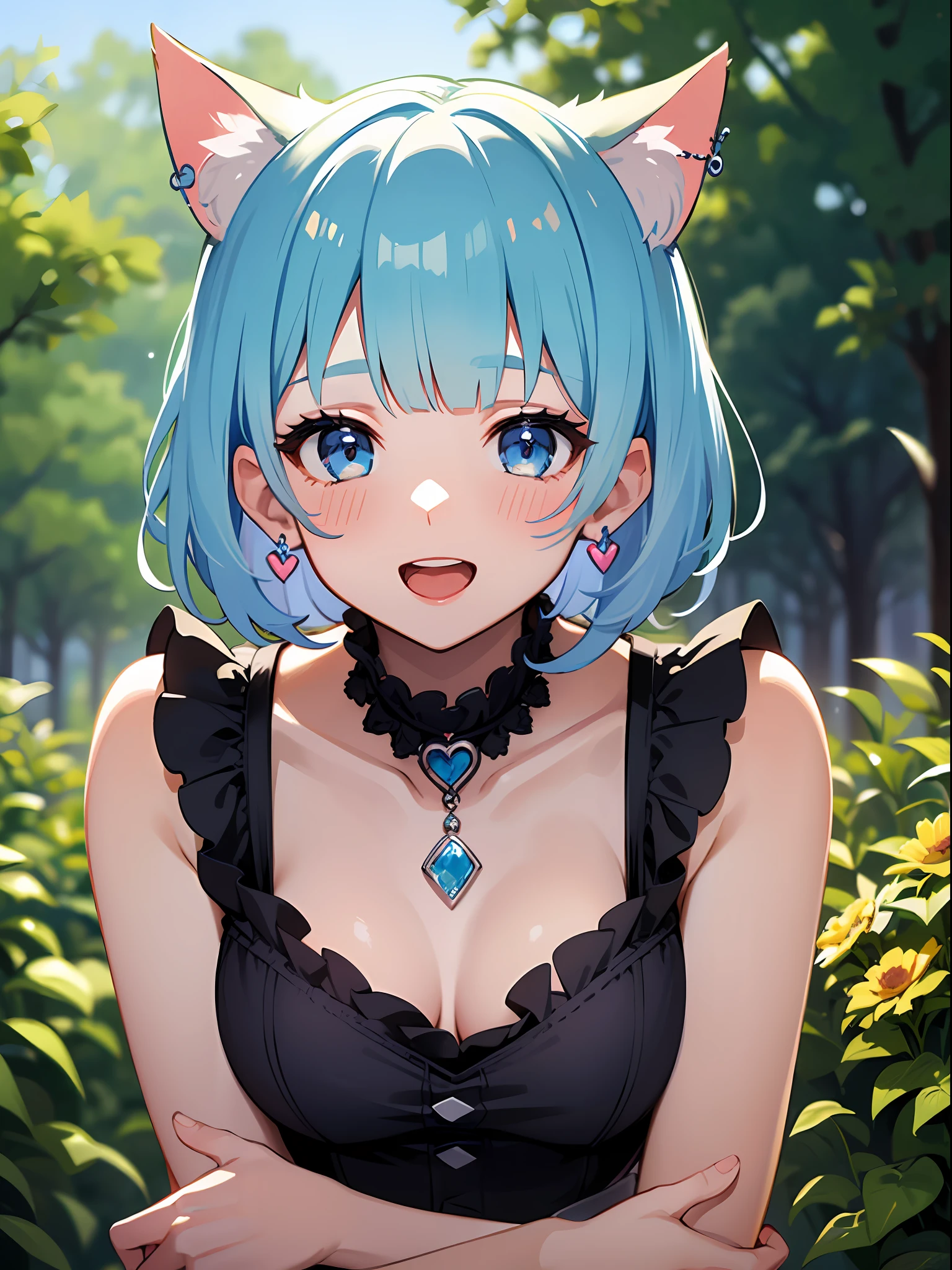 (masterpiece:1.3), (best quality:1.3), high resolution, 


couboy shot, 
leaning forward, body facing forward, 

(one cute girl:1.3), solo, 
white skin, small , eight-headed person, 
light blue hair, (bobbed hair:1.2), (short hair:1.2), (blunt bangs:1.2), beautiful hair, blue eyes, beautiful detailed eyes, 

blush, open mouth, heart, cheerful smile, 

cat ears, frill, black dress, earrings, 

outdoors, flower garden, natural park, 

shadowlighting,