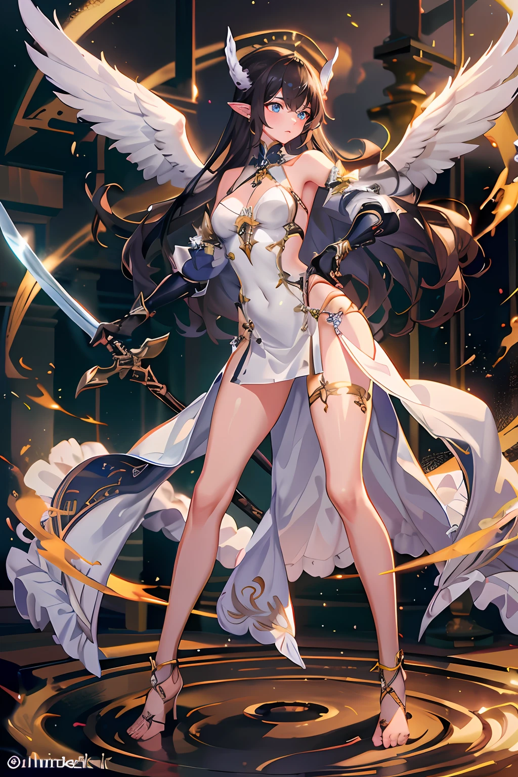 ((4K,tmasterpiece,best qualtiy)),maxikit,dress conservatively 1 girl,独奏,full bodyesbian,Wide shot,standing on your feet,clutching a sword,whaite hair,long whitr hair,elvish ears,Valkyrie,Armour,angelicales,White bra,side bang,From the front side,Oversized body,natta,mont,Watch the audience grow legs,Barefoot,Bare legged,White leg rings