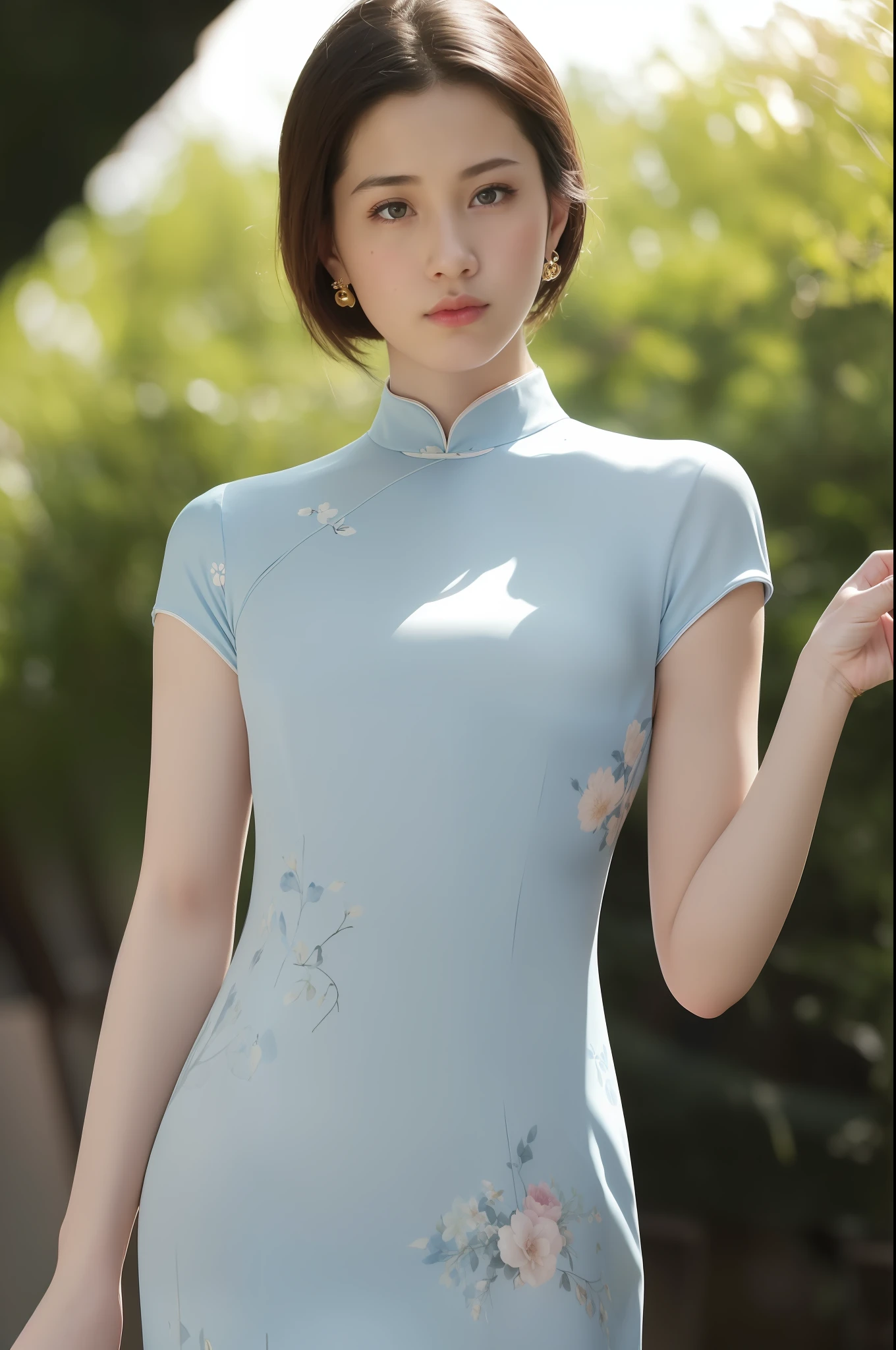 (8k, RAW photo, best quality, masterpiece:1.2), (realistic, photo-realistic:1.4), (upper body),(standing),cinematic lighting, photon mapping, radiosity, physically-based rendering, 1girl,(solo:1.3),looking at viewer, (light blue printed china dress),(short hair), smile, solo focus,soft lighting, dynamic angle, outdoors,