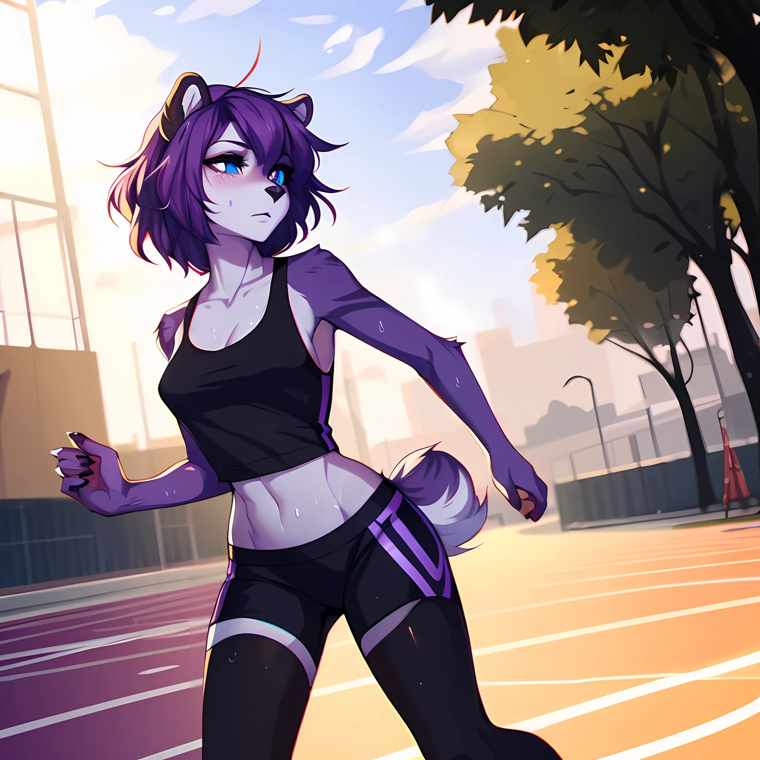 Solo, A cute anthro purple skunk girl, female, all purple furry body, female, (cute snout:1.2) full body, black nose, ((by hyattlen, by fumiko, by claweddrip)), 4 toes, cute paws, paw claws, simple blue eyes with black iris, short light purple hair, highly detailed, fluffy tail, fluffy purple ears, soft and warm shading, wearing athletic shorts, a tank top, small breasts, neutral expression, wearing toeless black socks, toned body, running on a track outside, in the daytime, sweating, not looking at viewer, mouth slightly open