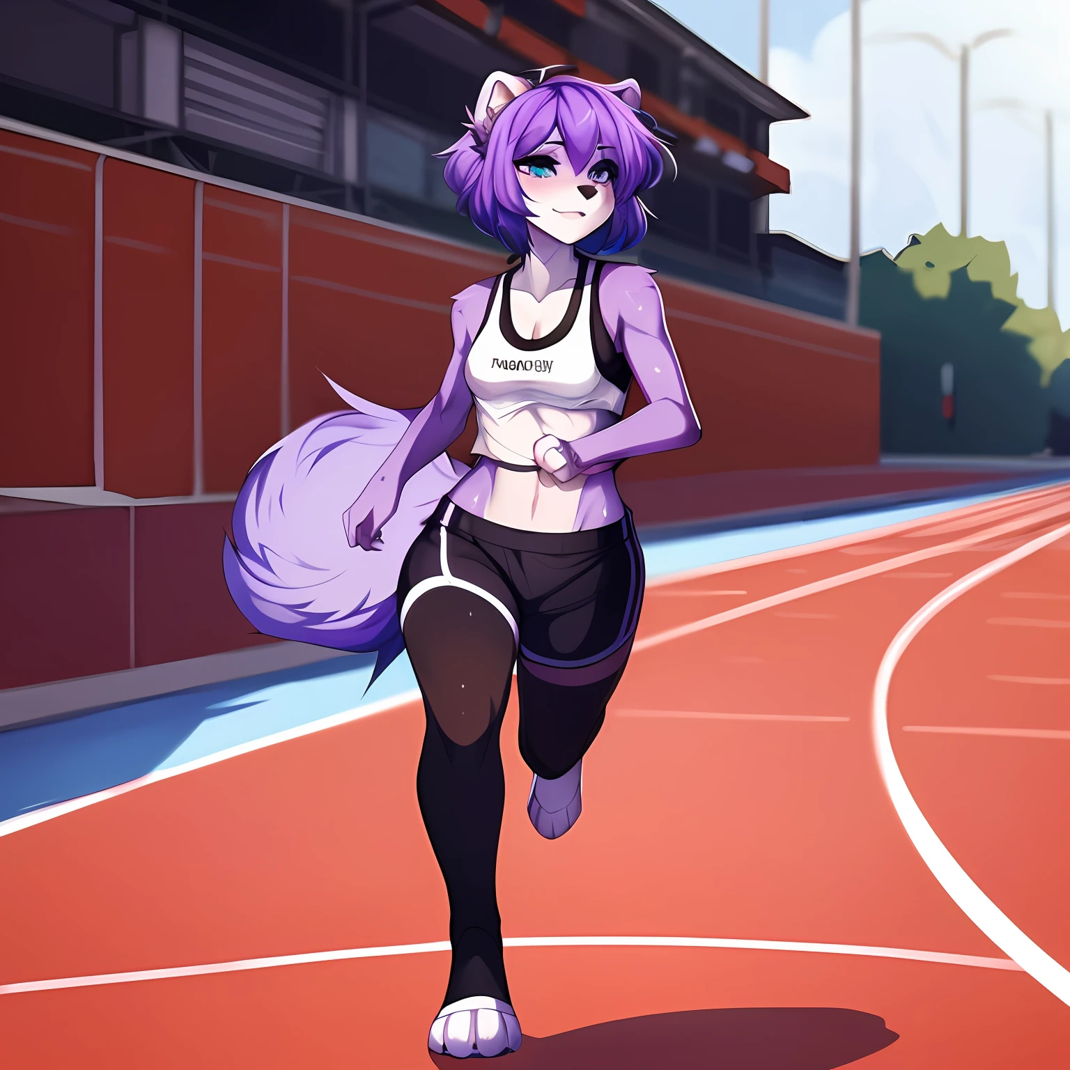 Solo, A cute anthro purple skunk girl, female, all purple furry body, female, (cute snout:1.2) full body, black nose, ((by hyattlen, by fumiko, by claweddrip)), 4 toes, cute paws, paw claws, simple blue eyes with black iris, short light purple hair, highly detailed, fluffy tail, fluffy purple ears, soft and warm shading, wearing athletic shorts, a tank top, small breasts, neutral expression, wearing toeless black socks, toned body, running on a track outside, in the daytime, sweating, not looking at viewer, mouth slightly open