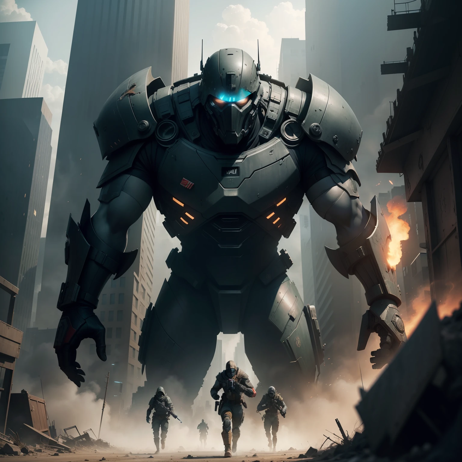 You are a talented digital artist tasked with creating an ultra realistic, epic and dramatic image of a futuristic and chaotic post-apocalyptic city, where groups of futuristic post-apocalyptic factions are in intense conflict. Start by drawing the futuristic post-apocalyptic buildings, with realistic architectural details. Strategically place faction characters to convey your dominance and threat. Imagine people running, fighting and seeking cover, capturing their expressions of fear, despair or determination. Add heroic factions to the action, highlighting their courage and skills. Work with colors and lighting to create the right atmosphere, using dark tones and shadows to emphasize destruction and danger. Add bright lights to create a dramatic contrast. Review your work regularly to hone in on details and ensure a clear visual narrative. In the end, take pride in its heartwarming depiction of a faction heroically fighting to protect citizens in the midst of conflict. 64k