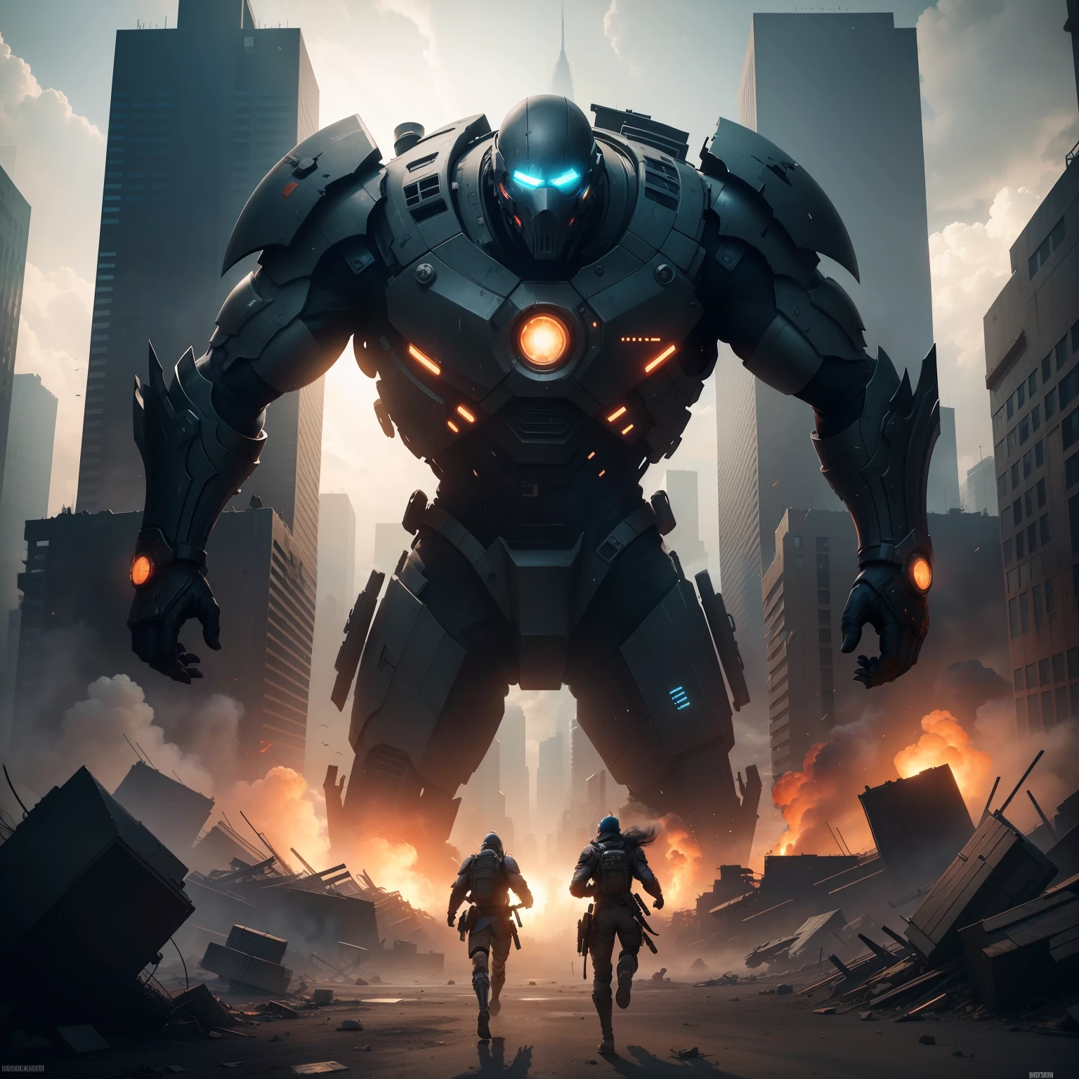 You are a talented digital artist tasked with creating an ultra realistic, epic and dramatic image of a futuristic and chaotic post-apocalyptic city, where groups of futuristic post-apocalyptic factions are in intense conflict. Start by drawing the futuristic post-apocalyptic buildings, with realistic architectural details. Strategically place faction characters to convey your dominance and threat. Imagine people running, fighting and seeking cover, capturing their expressions of fear, despair or determination. Add heroic factions to the action, highlighting their courage and skills. Work with colors and lighting to create the right atmosphere, using dark tones and shadows to emphasize destruction and danger. Add bright lights to create a dramatic contrast. Review your work regularly to hone in on details and ensure a clear visual narrative. In the end, take pride in its heartwarming depiction of a faction heroically fighting to protect citizens in the midst of conflict. 64k