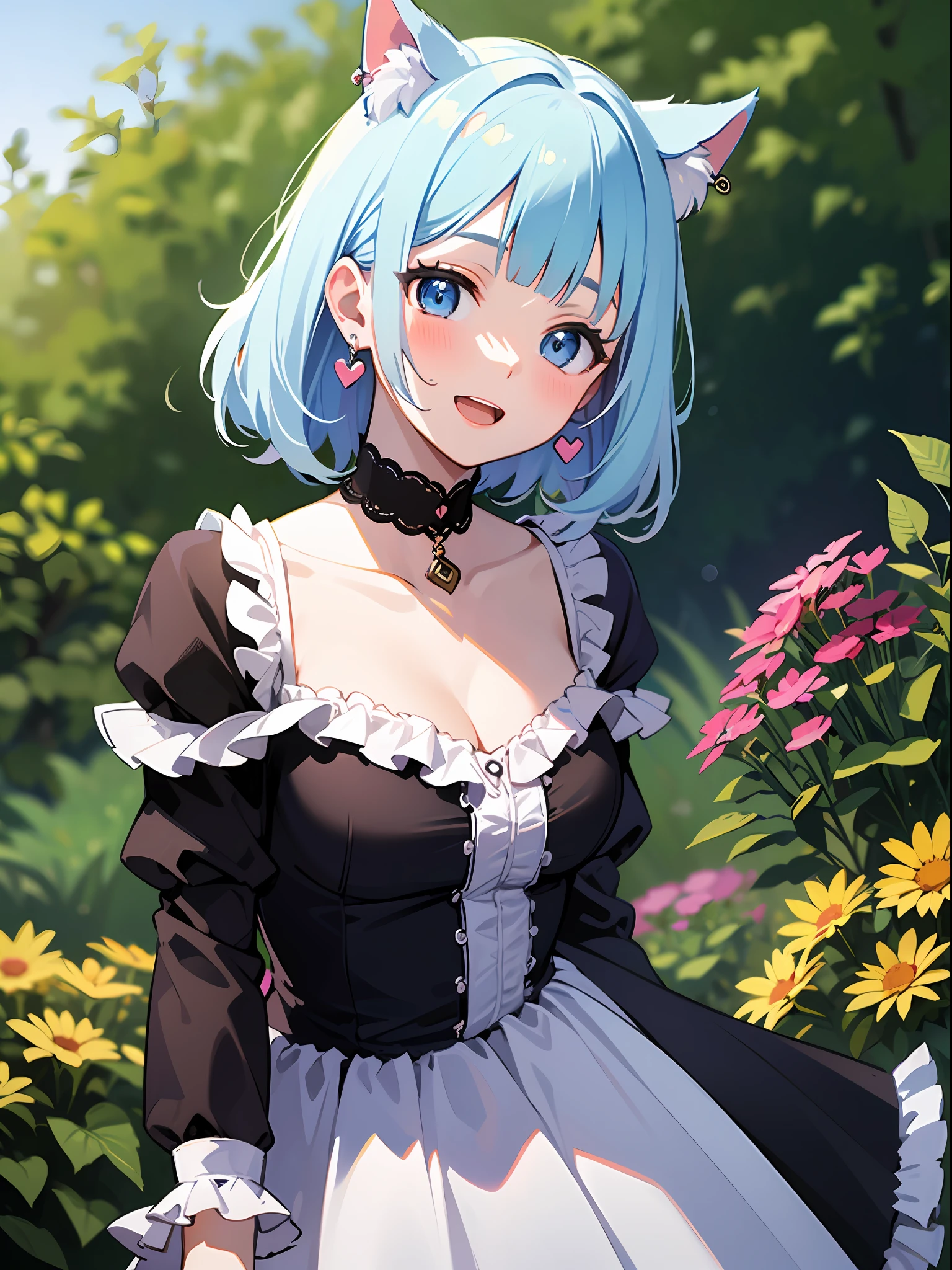 (masterpiece:1.3), (best quality:1.3), high resolution,
couboy shot,
leaning forward, body facing forward,
(one cute girl:1.3), solo,
white skin, small Breast, eight-headed person,
light blue hair, (bobbed hair:1.2), (short hair:1.2), (blunt bangs:1.2), beautiful hair, blue eyes, beautiful detailed eyes,
blush, open mouth, heart, cheerful smile,
cat ears, frill, black dress, earrings,
outdoors, flower garden, natural park,
shadowlighting,