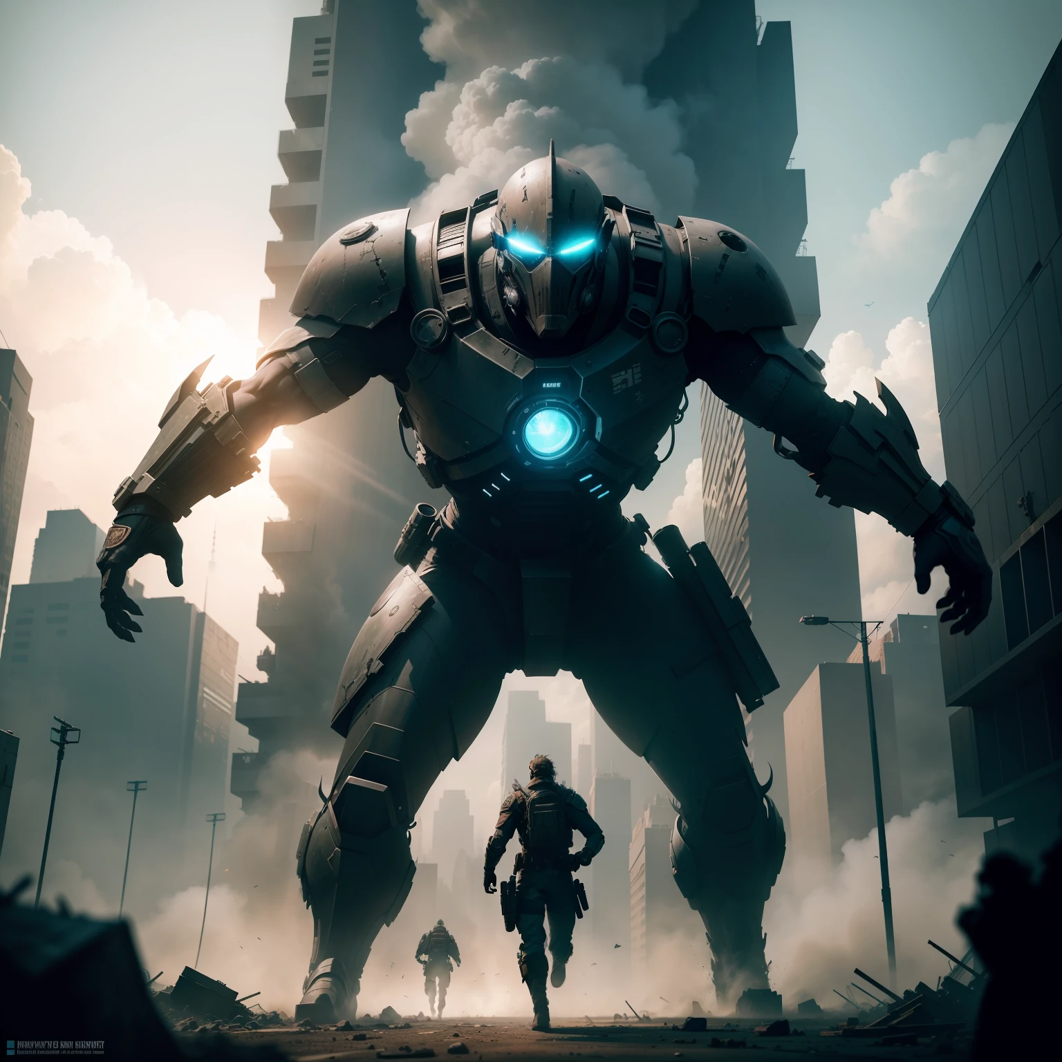 You are a talented digital artist tasked with creating an ultra realistic, epic and dramatic image of a futuristic and chaotic post-apocalyptic city, where groups of futuristic post-apocalyptic factions are in intense conflict. Start by drawing the futuristic post-apocalyptic buildings, with realistic architectural details. Strategically place faction characters to convey your dominance and threat. Imagine people running, fighting and seeking cover, capturing their expressions of fear, despair or determination. Add heroic factions to the action, highlighting their courage and skills. Work with colors and lighting to create the right atmosphere, using dark tones and shadows to emphasize destruction and danger. Add bright lights to create a dramatic contrast. Review your work regularly to hone in on details and ensure a clear visual narrative. In the end, take pride in its heartwarming depiction of a faction heroically fighting to protect citizens in the midst of conflict. 64k