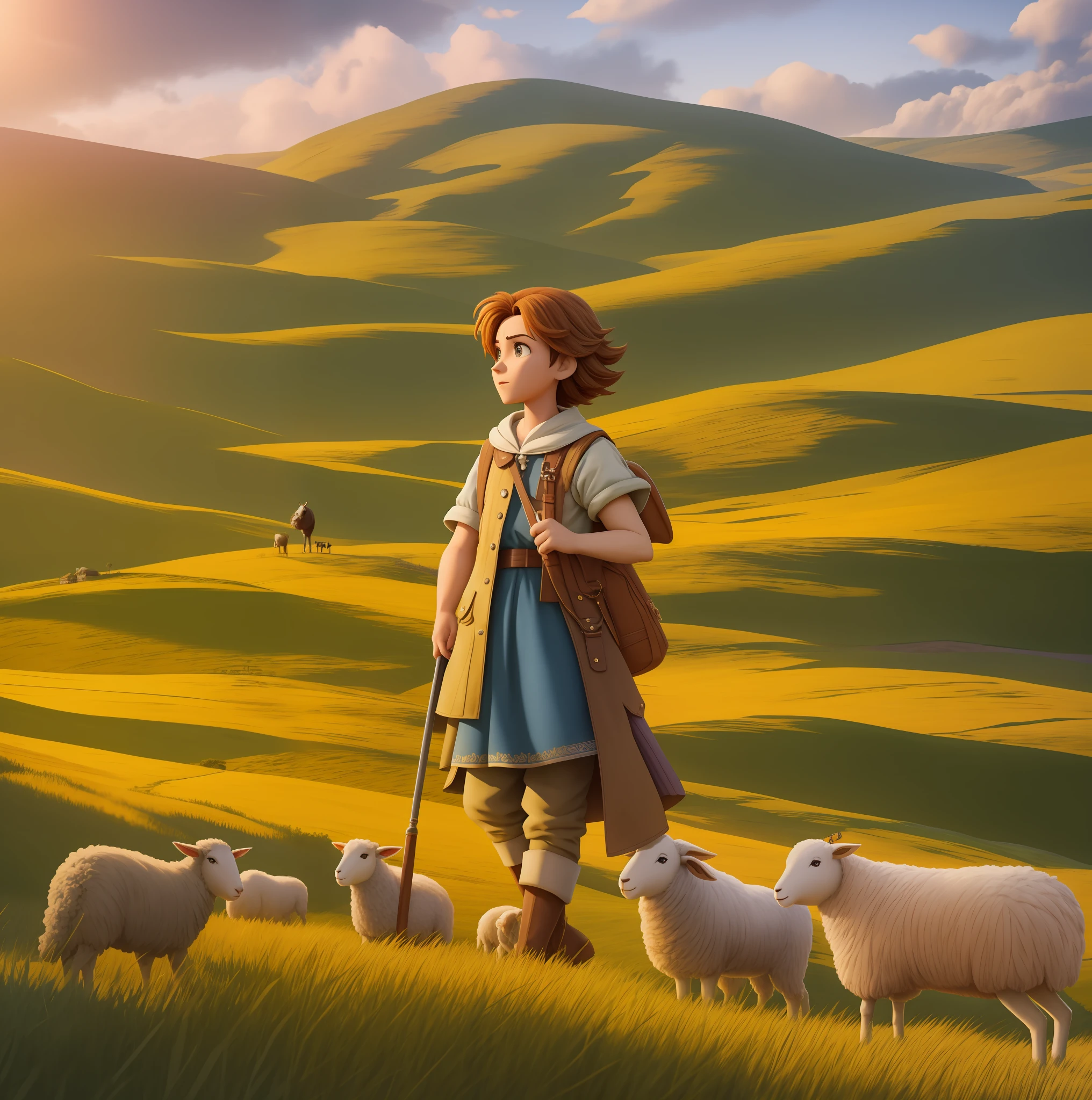 There is a boy standing in a field with sheep, arte chave, animated film, animation film, Pequeno Bo Peep, imagem promocional do filme, ainda do filme, ainda de um filme live action, ainda de um filme de fantasia, pia sadie, 3 d animated movie, O filme, Ainda de um filme da Pixar de 2015, animation movie still, cena de filme animado