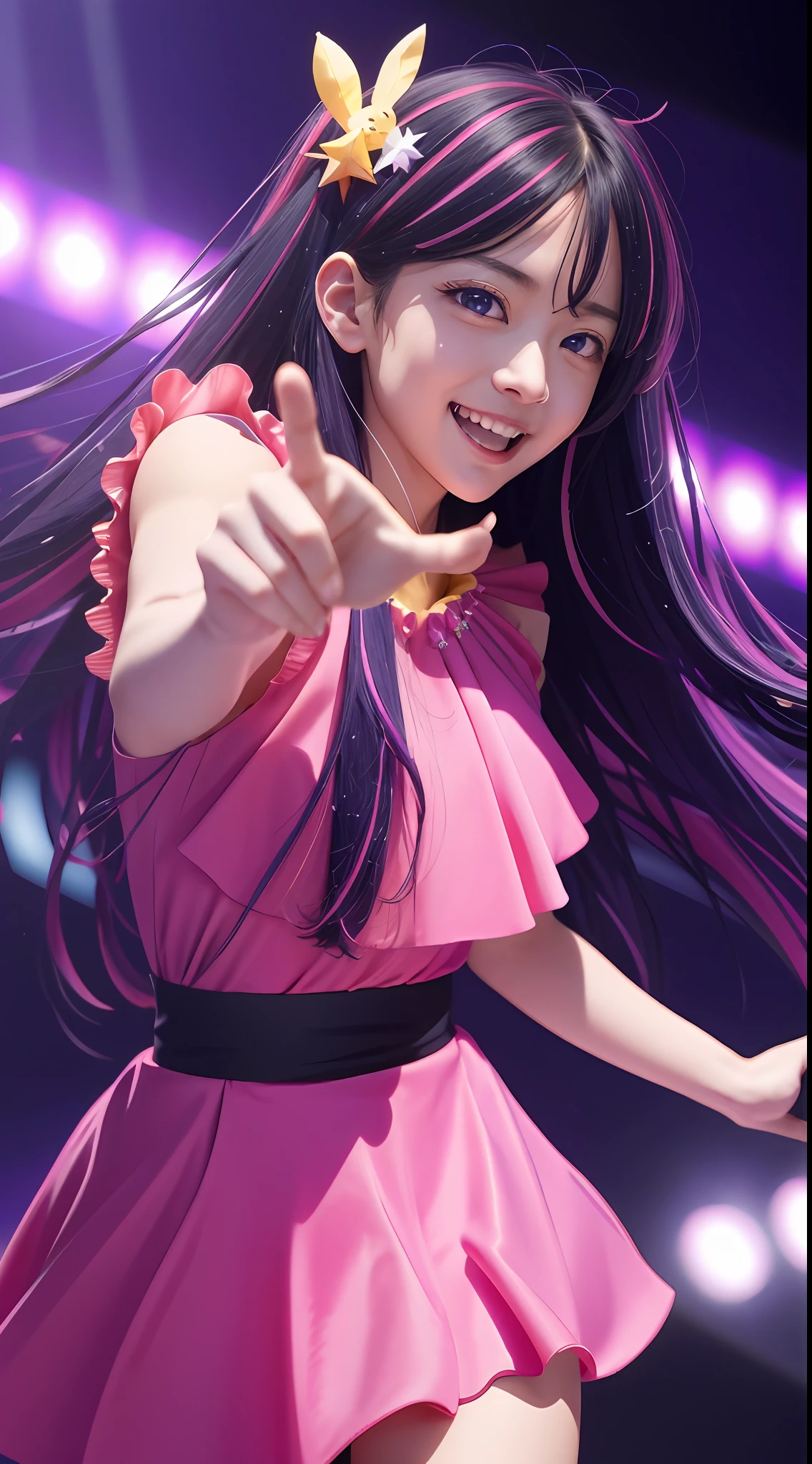 hoshino Ai, europe youth, long hair, purple hair, streaked hair ,purple eyes, star-shaped pupils, (hair ornament:1.2),  star-shaped pupils, star-shaped iris, 1 girl), (masterpiece, best quality:1.4), (modern days), 1girl, solo, pov, sfw, stunning girlfriend, (standing:1.1), highly detailed skin, skin pores, subsurface scattering, medium breast, loving smile, full body, wide shot, singing on a performance, on the stage, singing, pink idol dress, with a microphone, full lips, detailed background, depth of field, atmospheric perspective, volumetric lighting, sharp focus, absurdres, realistic proportions, good anatomy, (realistic, hyperrealistic:1.4), 16k hdr,