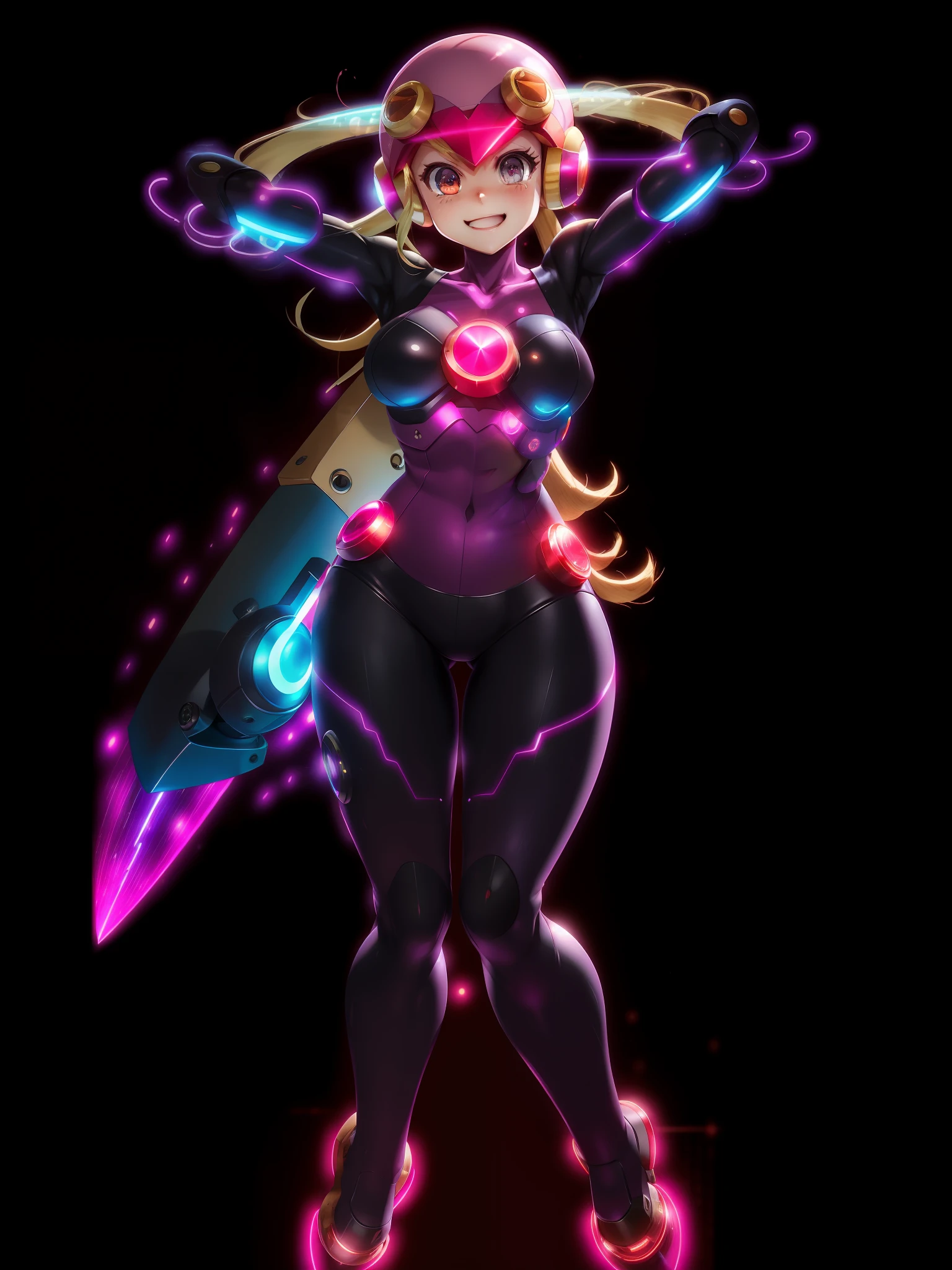 masutepiece,Best Quality,1girl in,roll_.exe_megamanbn,(helmets),Blonde hair,Long hair,Leotard,Pink eyes,Purple bodysuit,body suit,Eyes without light,moderate breast bulge,Thin laughter,Nails with sharp fingertips,Tied to a machine,glowing circuit background,Black lightning strike
