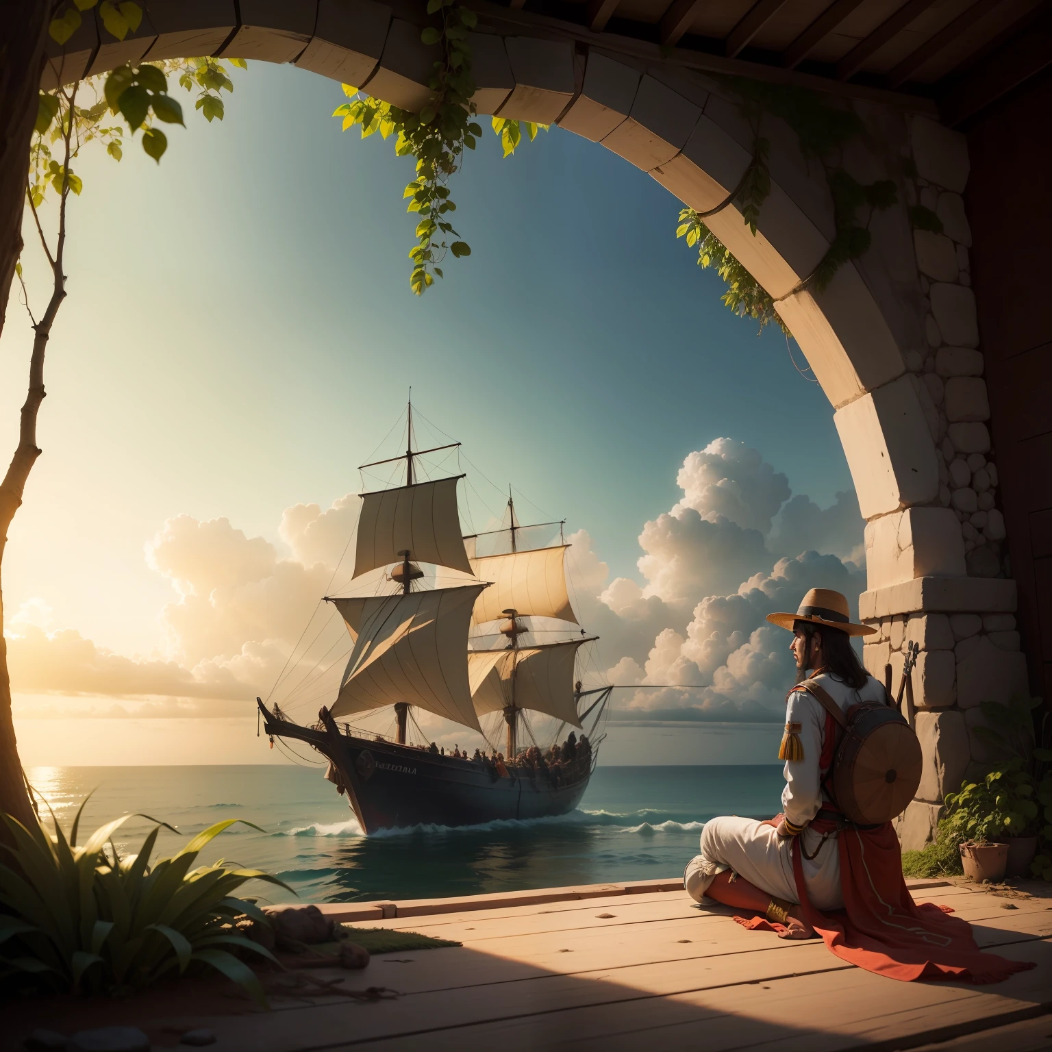 Describe the historical moment of the arrival of the Portuguese in Brazil in 1500. Highlight the expedition led by Pedro Álvares Cabral, os objetivos iniciais dos portugueses ao explorar a nova terra, and how the discovery of Brazil happened by chance during the search for a sea route to the Indies. Explain the location of the first landing and the first contacts with the indigenous natives. Mention the discovery of Brazilwood and its relevance to early economic exploration. Conclude by highlighting the importance of this event in the history of Brazil's colonization and its impact on relations between indigenous peoples and Portuguese colonizers.