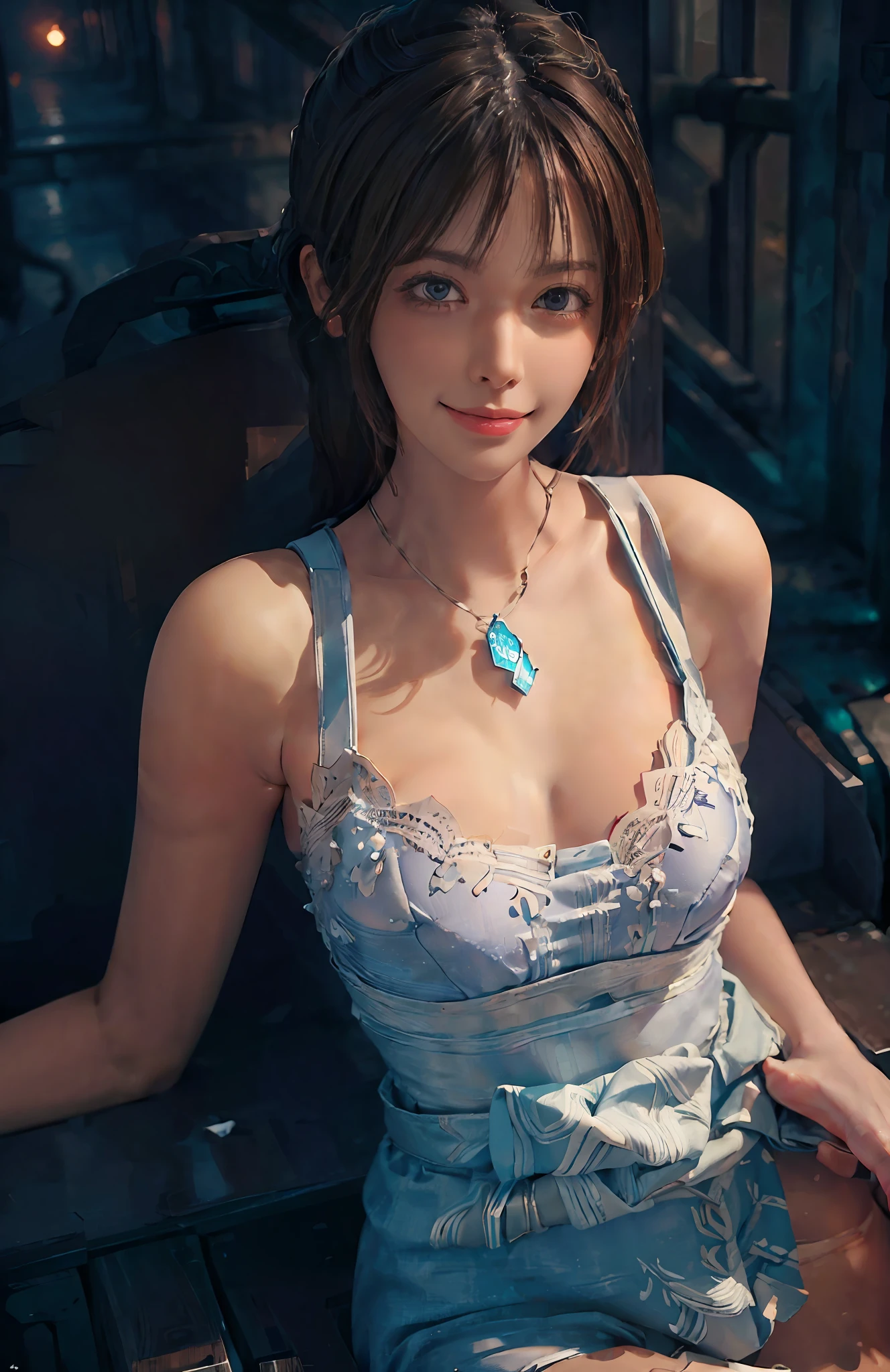 (hyperrealistic) , (illustration), (increase resolution), (8K), (extremely detailed), (best illustration), (beautiful detailed eyes), (best quality), (super detailed), (masterpiece), ( wallpaper), (detailed face), solo, 1 girl, looking at the audience, delicate details, detailed face, in the dark, deep shadow, low-key, pureerosfaceace_v1, smile, half-body, plump big breasts, transparent white underwear, camel toes, long legs, Thin waist, upturned hips, super fine makeup, super fine clothing material, sitting on the ground with legs apart
