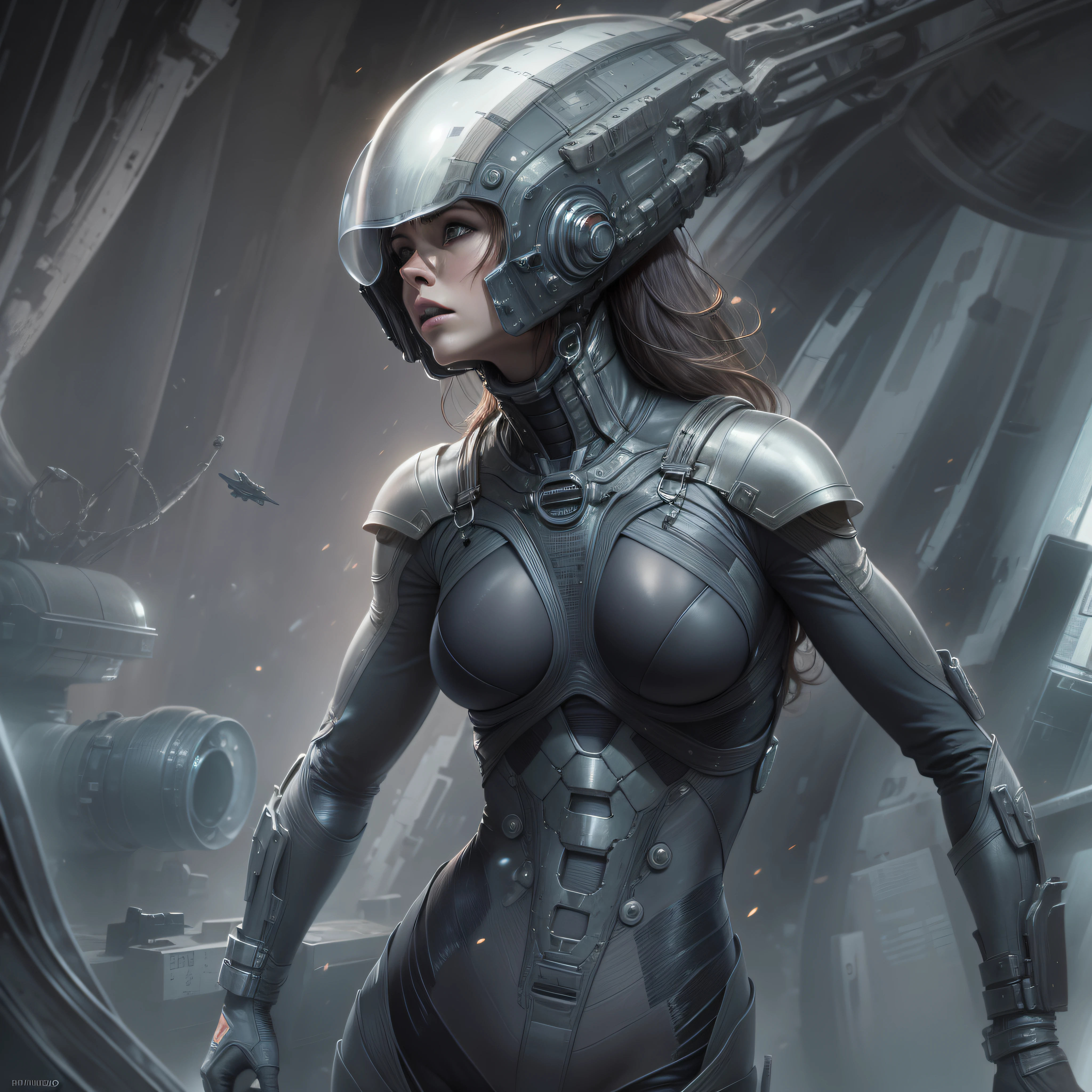 en estilo comic, basado en la pelicula prometheus, mujer perteneciente a la tripulacion de la spacecraft prometheus, exuberante y voluptuosa