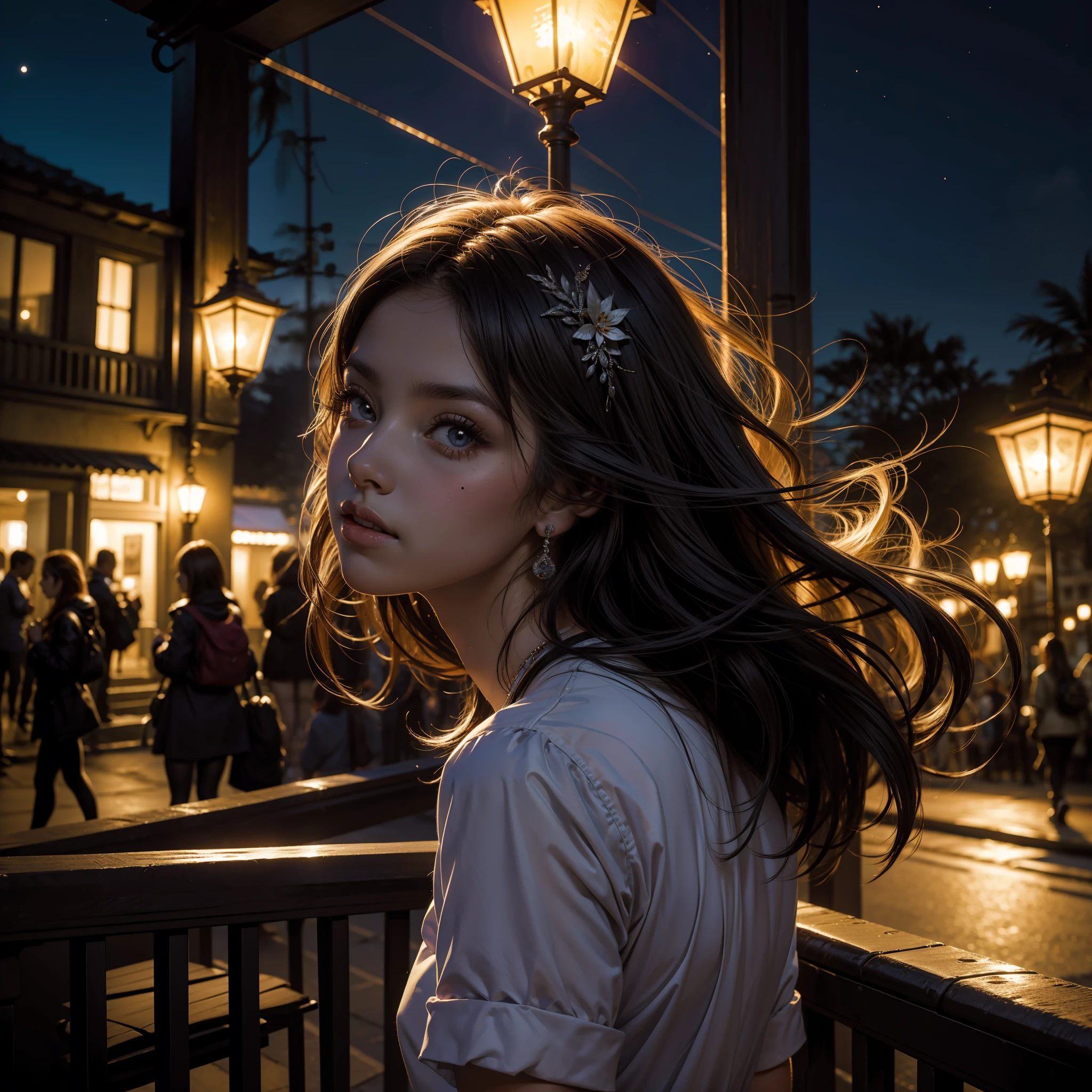 Retrato de menina correndo, (feliz), (olhos castanhos escuros), pele detalhada, realista, sombras suaves, Fujifilm X3, (obra-prima: 1.3)), (in the nighttime: 1.4)