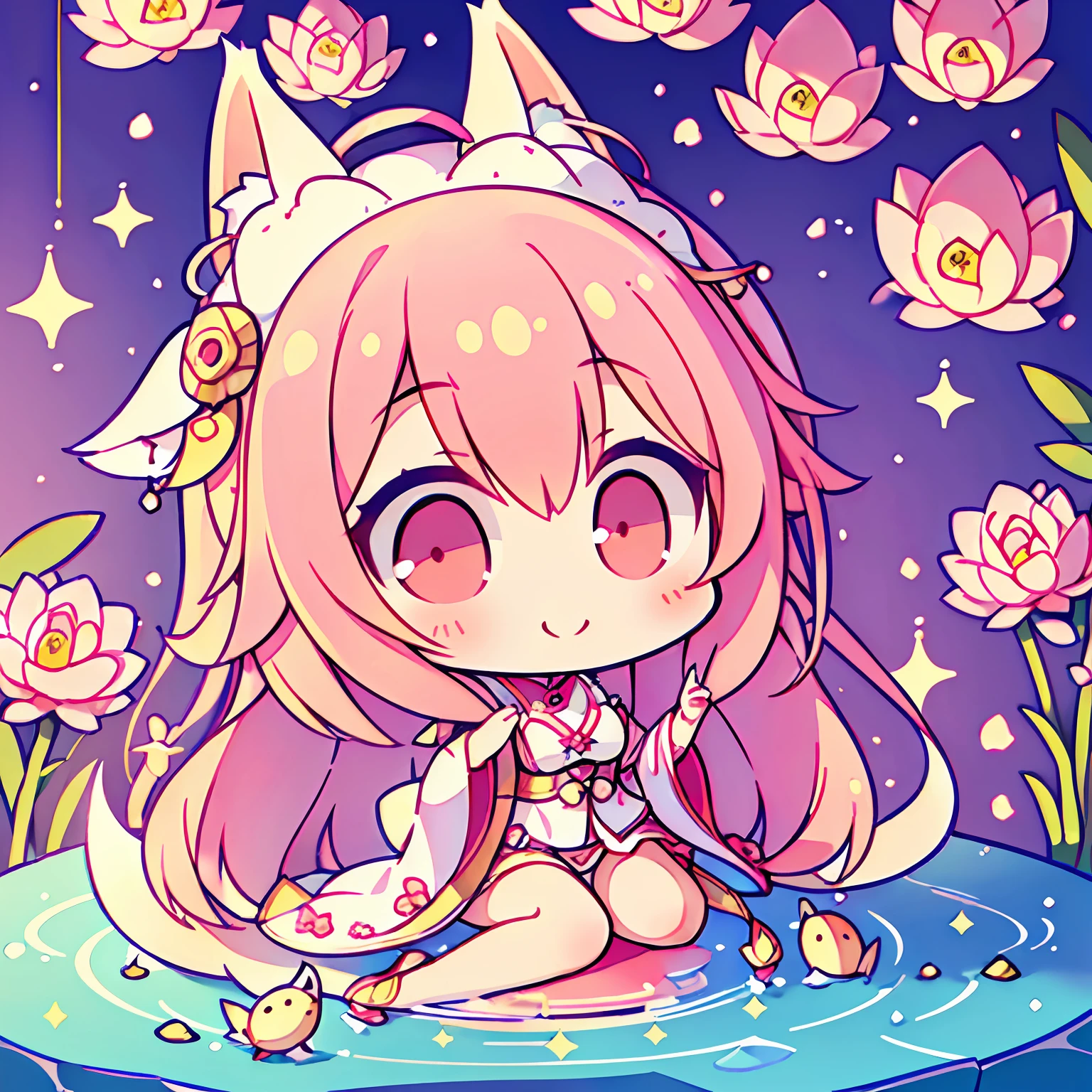 ((masterpiece、top-quality))、lotuses、Hanfu、
1人, 独奏, Pink hair,Pink eyes、 long,Modest clothing、Smile、 Fox ears, bule, The bikini, AngelT, A lot of fish nearby, Look at the viewer, tease、