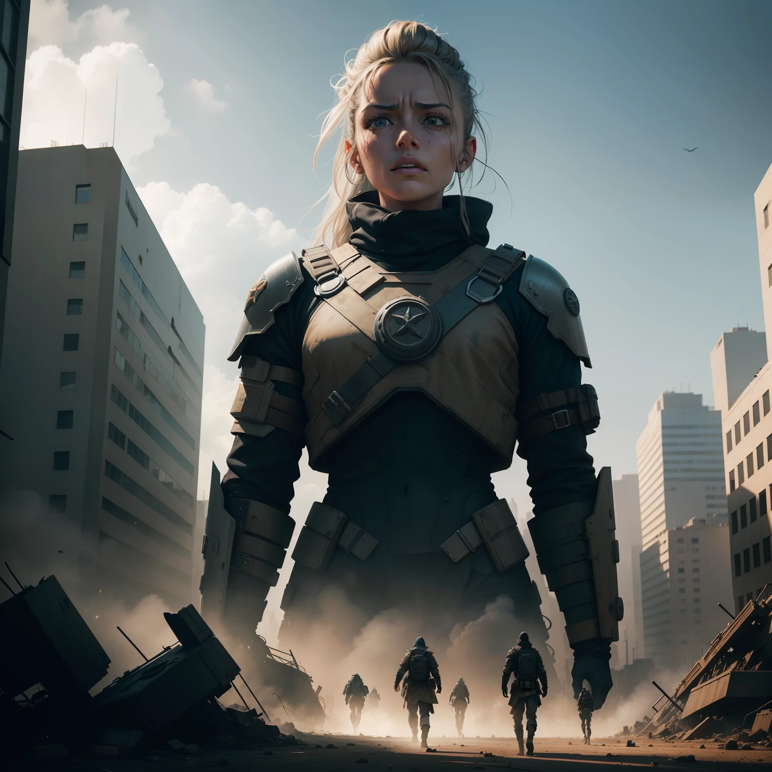 You are a talented digital artist tasked with creating an ultra realistic, Epic and dramatic image of a futuristic and chaotic post-apocalyptic city, where groups of post-apocalyptic futuristic factions are in intense conflict. Start by drawing the post-apocalyptic futuristic buildings, with realistic architectural details. Strategically place faction characters to convey their dominance and threat. Imagine as pessoas correndo, brigar e buscar cobertura, Capturing their expressions of fear, despair or determination. Add heroic factions to the action, destacando sua coragem e habilidades. Work with color and lighting to create the right atmosphere, using dark tones and shadows to emphasize destruction and danger. Add bright lights to create dramatic contrast. Revise seu trabalho regularmente para aprimorar os detalhes e garantir uma narrativa visual clara. No final, take pride in its moving depiction of a faction fighting heroically to protect citizens in the midst of conflict. 64 mil