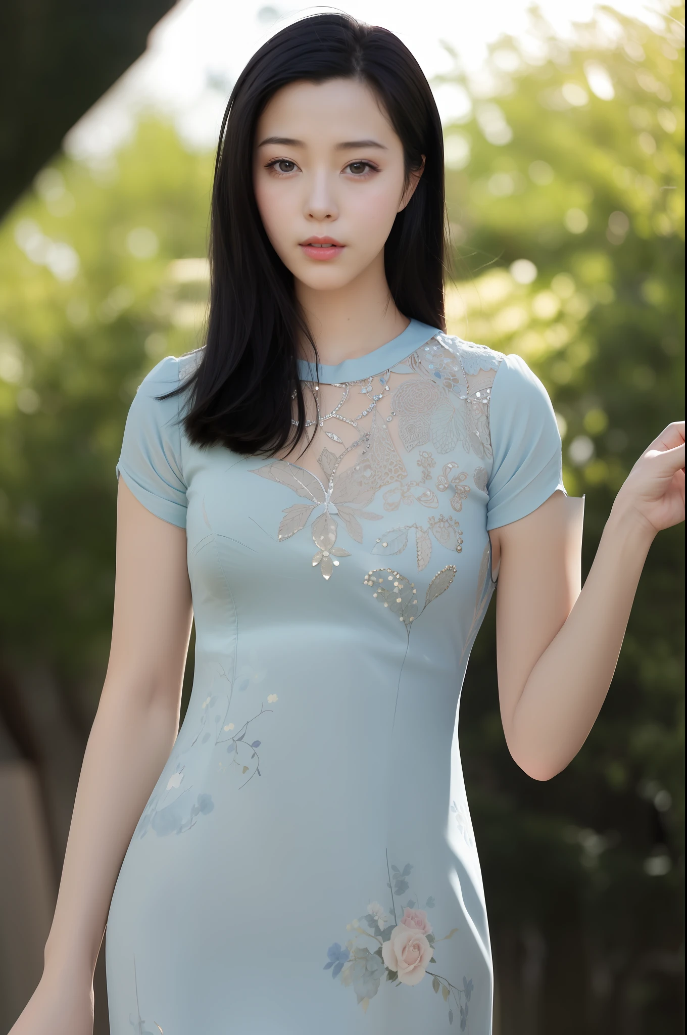 （8k， RAW photos， best qualtiy， tmasterpiece：1.2）， （realisticlying， photograph realistic：1.4）， （The upper part of the body）， （standing on your feet）， cinmatic lighting， photon maping， Radio City， physically-based renderingt， 1girl，（独奏：1.3）， looking at viewert， （Light blue printed porcelain dress）， （Long hair）， ssmile， Focus individually， gentlesoftlighting， dynamic angle， exteriors，