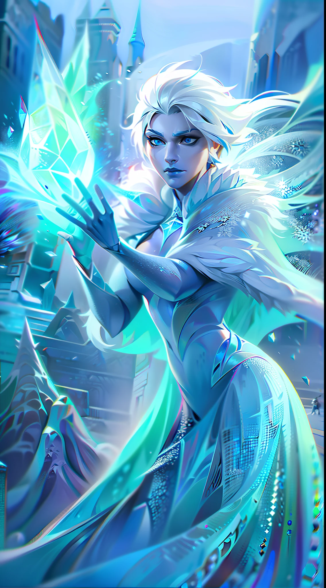 Jack Frost and Frozen Fusion, Giant white hair flying, Blue costume ice white Dress, Wooden ice staff in hands, Blue eyes, mystical ice creature, Ice castle background, Realistic, Hyperdetailed, ultra HD, 4K