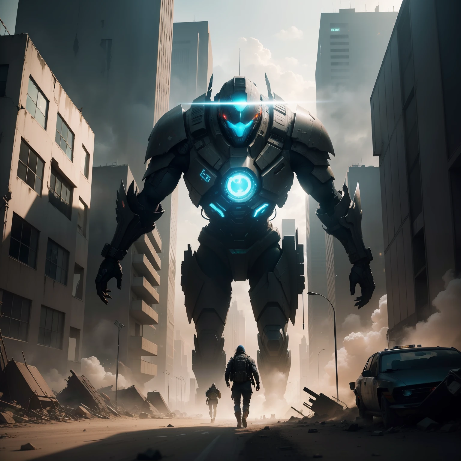 You are a talented digital artist tasked with creating an ultra realistic, Epic and dramatic image of a futuristic and chaotic post-apocalyptic city, where groups of post-apocalyptic futuristic factions are in intense conflict. Start by drawing the post-apocalyptic futuristic buildings, with realistic architectural details. Strategically place characters from the hostile faction to convey their dominance and threat. Imagine as pessoas correndo, buscando abrigo, Capturing their expressions of fear, despair or determination. Add a heroic faction to the action with futuristic weapons, destacando sua coragem e habilidades. Work with color and lighting to create the right atmosphere, using dark tones and shadows to emphasize destruction and danger. Add bright lights to create dramatic contrast. Revise seu trabalho regularmente para aprimorar os detalhes e garantir uma narrativa visual clara. No final, take pride in its moving depiction of a faction fighting heroically to protect citizens in the midst of conflict. 64 mil