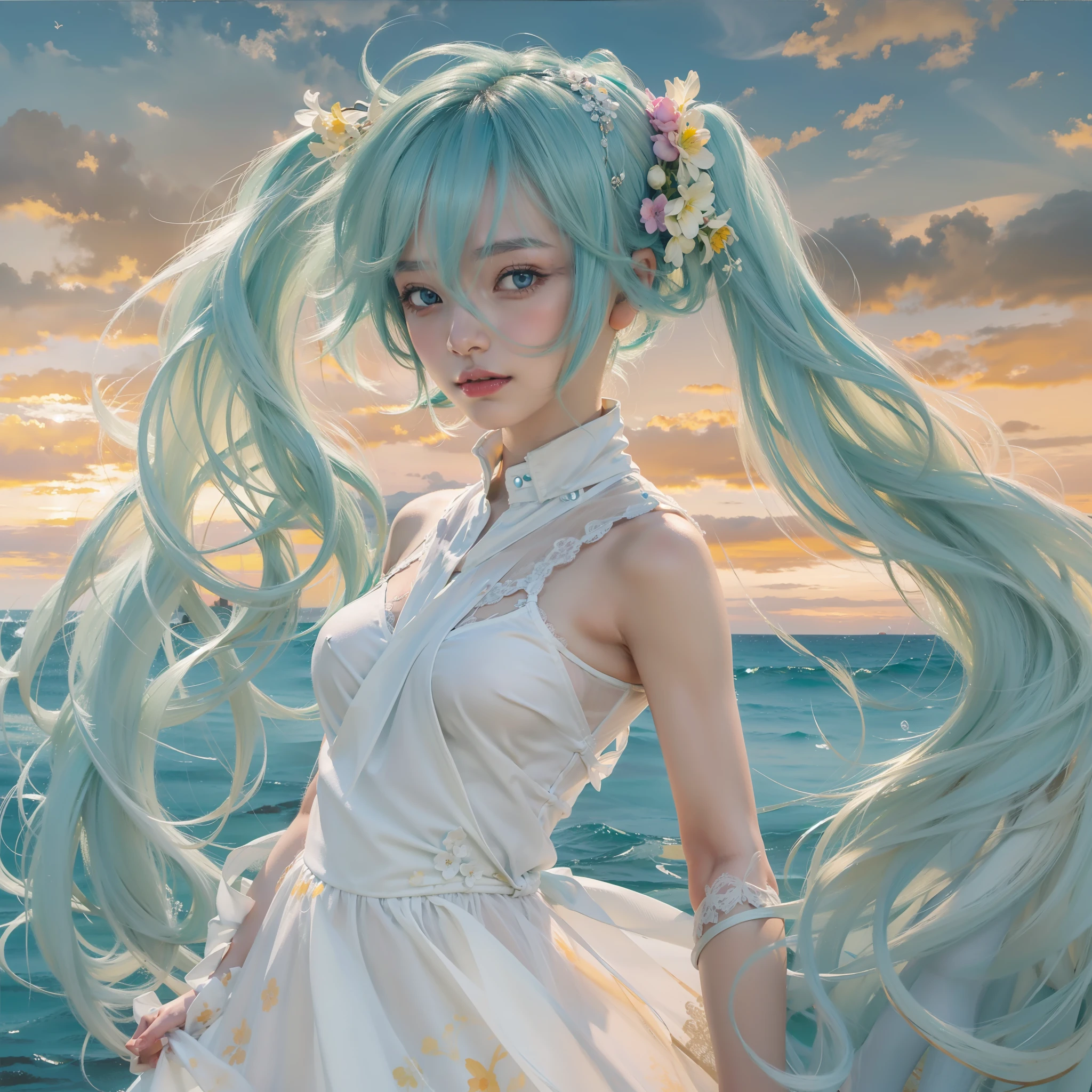 hatsune miku, white dress, aquamarine hair, aquamarine eyes, sunset background, oil painting