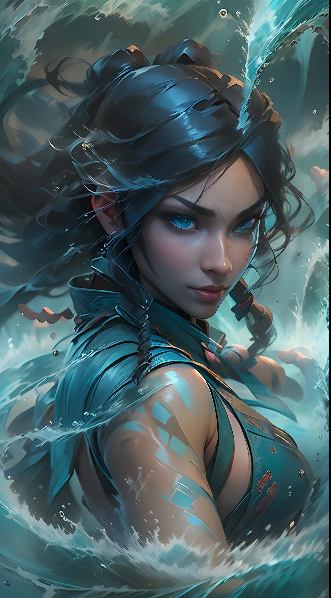 anime girl with long hair controlling water, korra from the legend of korra,legend of korra setting, asian female water elemental, fan art, epic digital art illustration, steven artgerm lau, avatar the last airbender