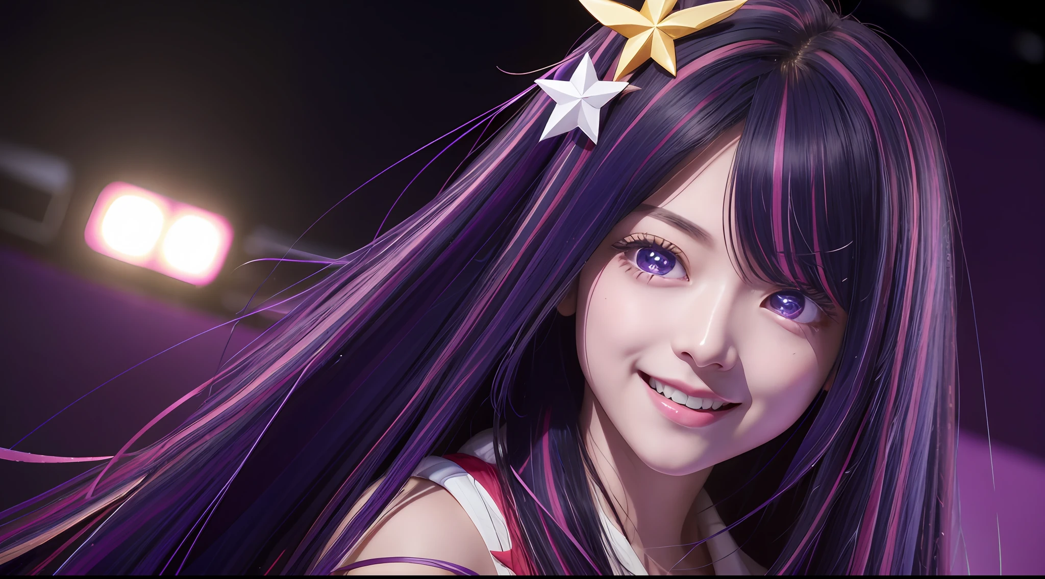 hoshino Ai, europe youth, long hair, purple hair, streaked hair ,purple eyes, star-shaped pupils, (hair ornament:1.2),  star-shaped pupils, star-shaped iris, 1 girl), (masterpiece, best quality:1.4), (modern days), 1girl, solo, pov, sfw, stunning girlfriend, (standing:1.1), highly detailed skin, skin pores, subsurface scattering, medium breast, loving smile, full body, wide shot, singing on a performance, on the stage, singing, pink idol dress, with a microphone, full lips, detailed background, depth of field, atmospheric perspective, volumetric lighting, sharp focus, absurdres, realistic proportions, good anatomy, (realistic, hyperrealistic:1.4), 16k hdr,