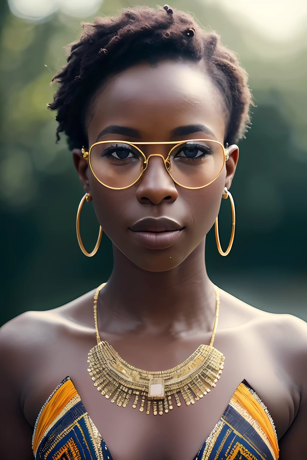 Raw photo, portrait of dark skinned beautiful African woman, perfect face features, perfect eyes, hopeful, wearing intricate African print style dress, sun glasses, sun light, volumetric lighting, sun rays, detailed shadows, nature, outdoor, hasselblad X2D 100C, hasselblad XCD 80mm f/1.9 lens, depth of field, bokeh, film grain, sharp focus, photorealistic, masterpiece, intricate details, high contrast, 8k, UHD, HDR, high-res, absurdres, award winning photography, modelshoote, fashion photography, best composition, rules of third, upper body shot,