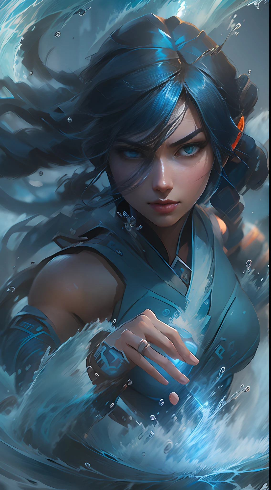 anime girl with long hair controlling water, korra from the legend of korra,legend of korra setting, asian female water elemental, fan art, epic digital art illustration, steven artgerm lau, avatar the last airbender