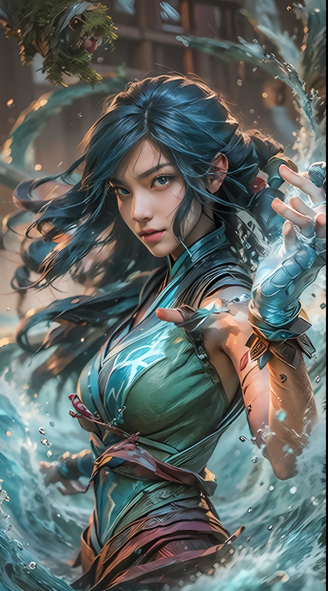 anime girl with long hair controlling water, korra from the legend of korra,legend of korra setting, asian female water elemental, fantasy art, epic digital art illustration,detailed,perfect hands and perfect fingers,