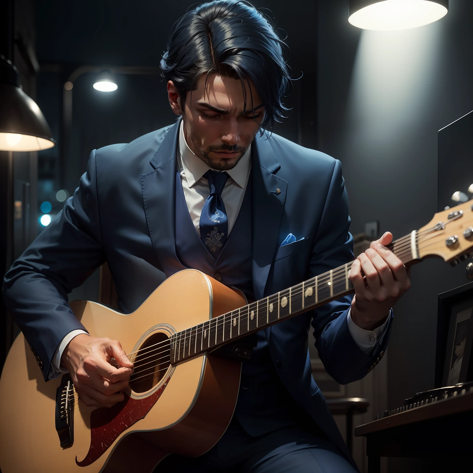 Create an image that captures the essence of the blues. Pense em tons suaves de azul, a man in a suit playing guitar and a nighttime setting with soft, nostalgic lights. The image should convey the emotionality and unique soul that make the blues such a captivating musical style