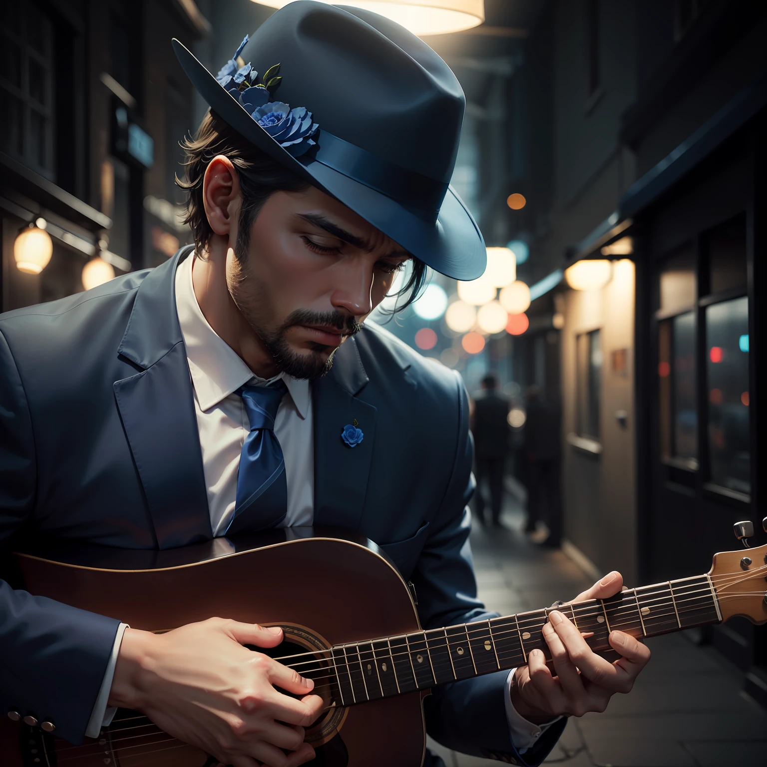 Create an image that captures the essence of the blues. Pense em tons suaves de azul, a man in a suit playing guitar and a nighttime setting with soft, nostalgic lights. The image should convey the emotionality and unique soul that make the blues such a captivating musical style