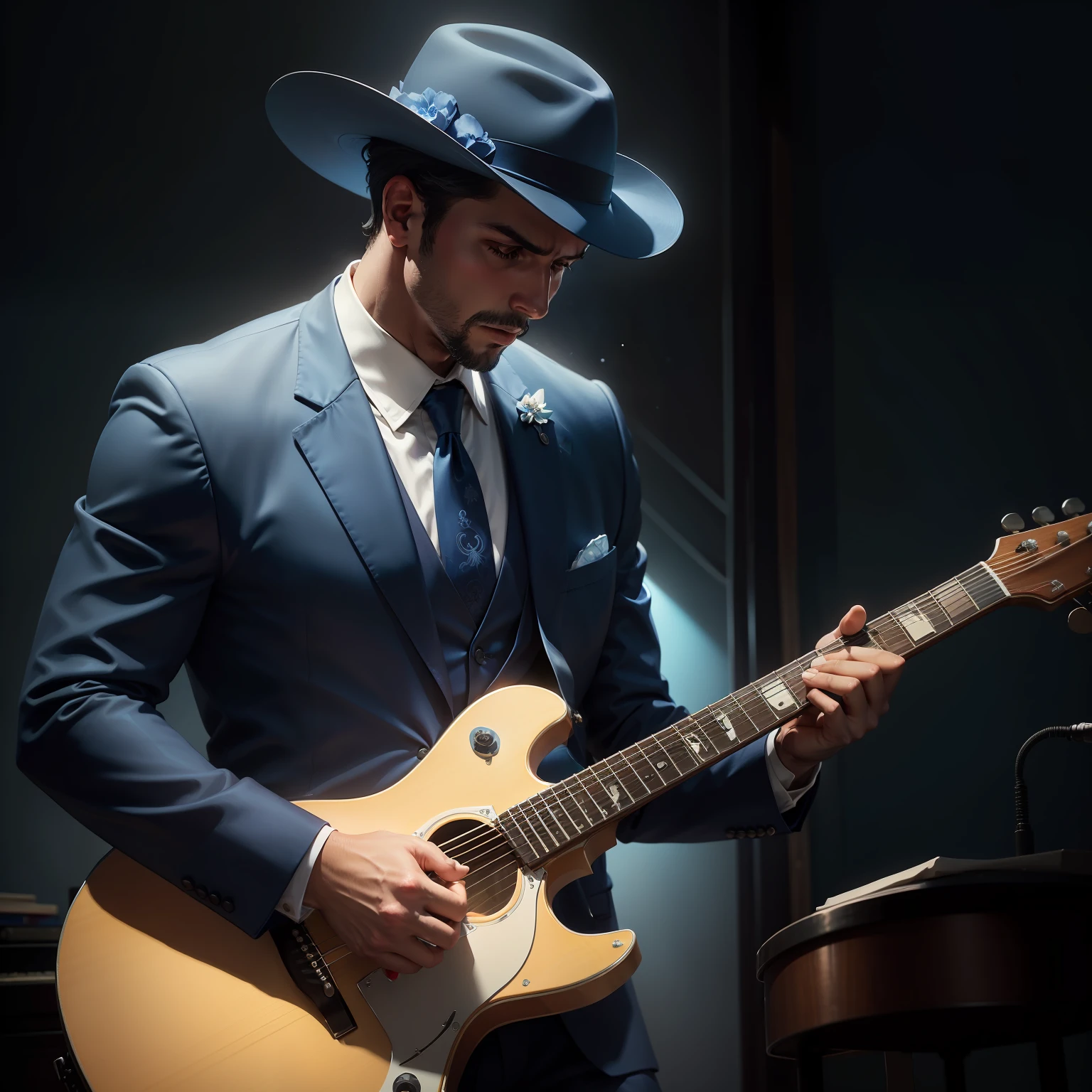 Create an image that captures the essence of the blues. Pense em tons suaves de azul, a man in a suit playing guitar and a nighttime setting with soft, nostalgic lights. The image should convey the emotionality and unique soul that make the blues such a captivating musical style