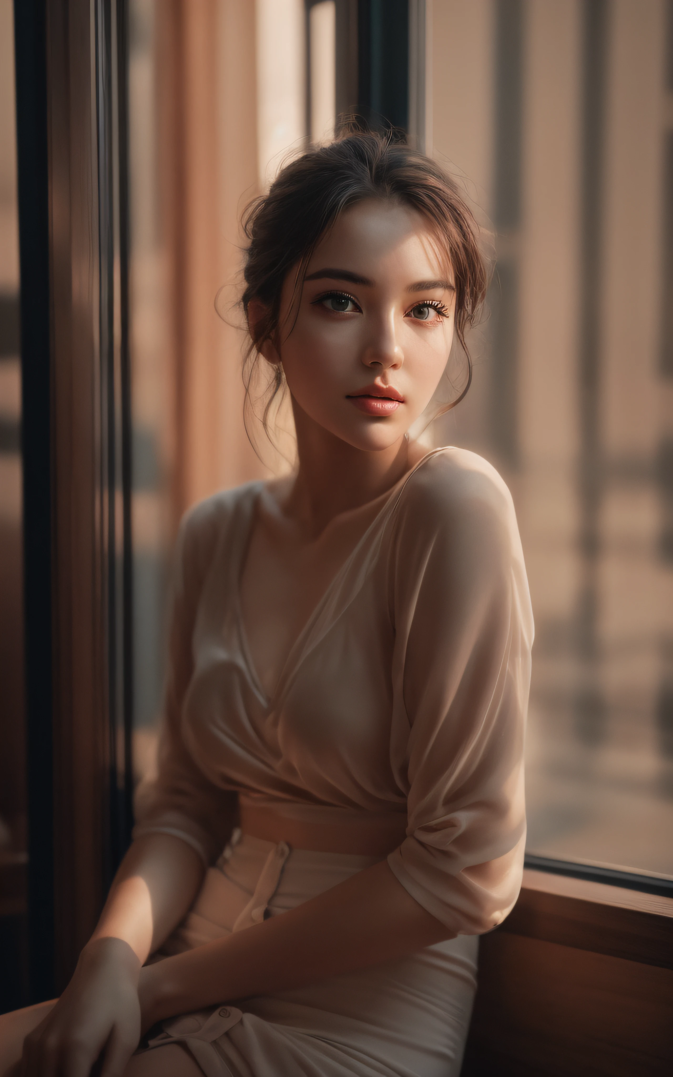 RAW photo, a 22-year-old-girl, no clothes on, no bra, no panties, no underwear, sit beside window, (1girl), (realistic), (photo-realistic:1.5), lipstick,(RAW photo, 8k uhd, film grain), Sharp Eyeliner, Blush Eyeshadow With Thick Eyelashes, extremely delicate and beautiful, 8k, soft lighting, high quality, highres, sharp focus, extremely detailed, (sunlight on face), beautiful detailed eyes, extremely detailed eyes and face, masterpiece, cinematic lighting, (high detailed skin:1.2), 8k uhd, dslr, soft lighting, high quality, film grain, Fujifilm XT3