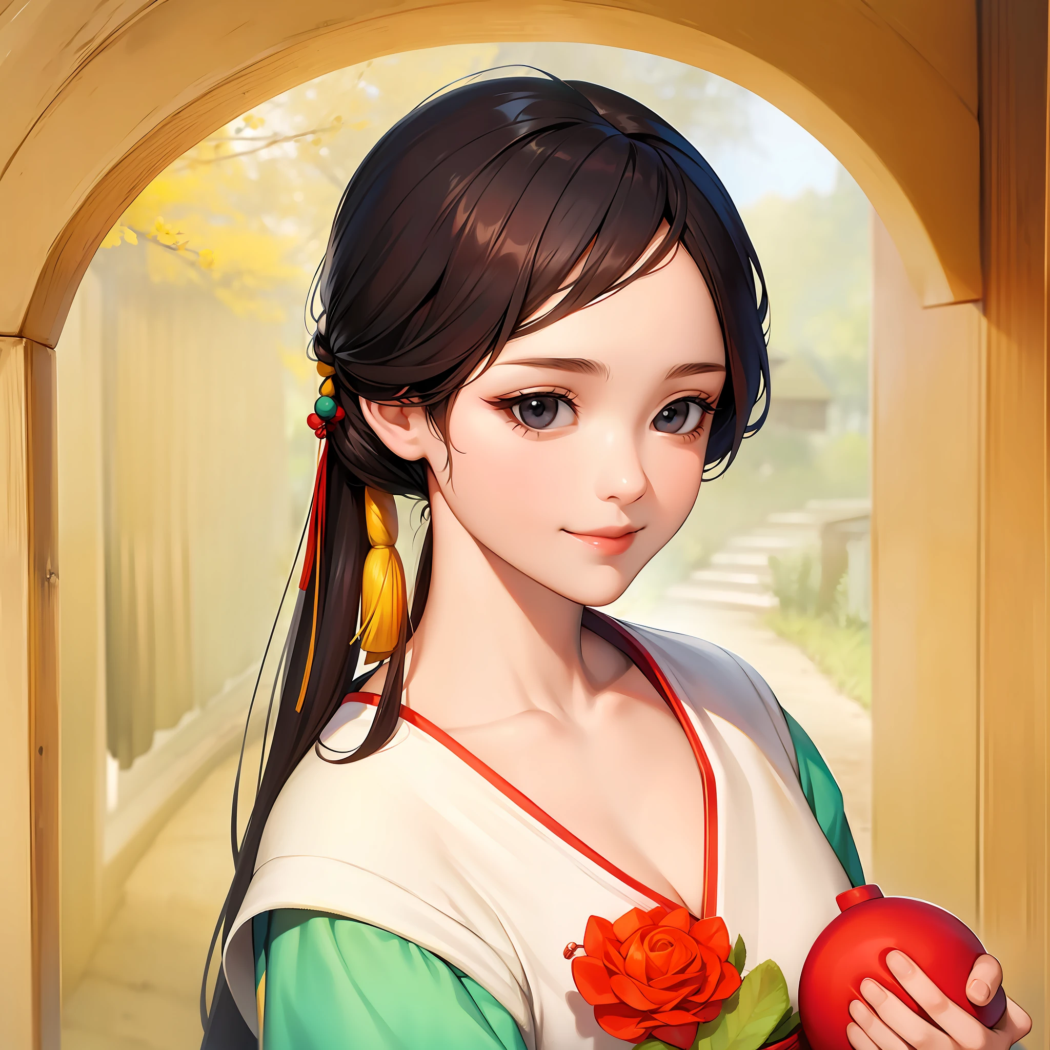 A girl dressed in traditional Miao costume，Shake the rattle，adolable，The background is Miaozhai，ssmile，The background is outdoors，and the sun was shining brightly