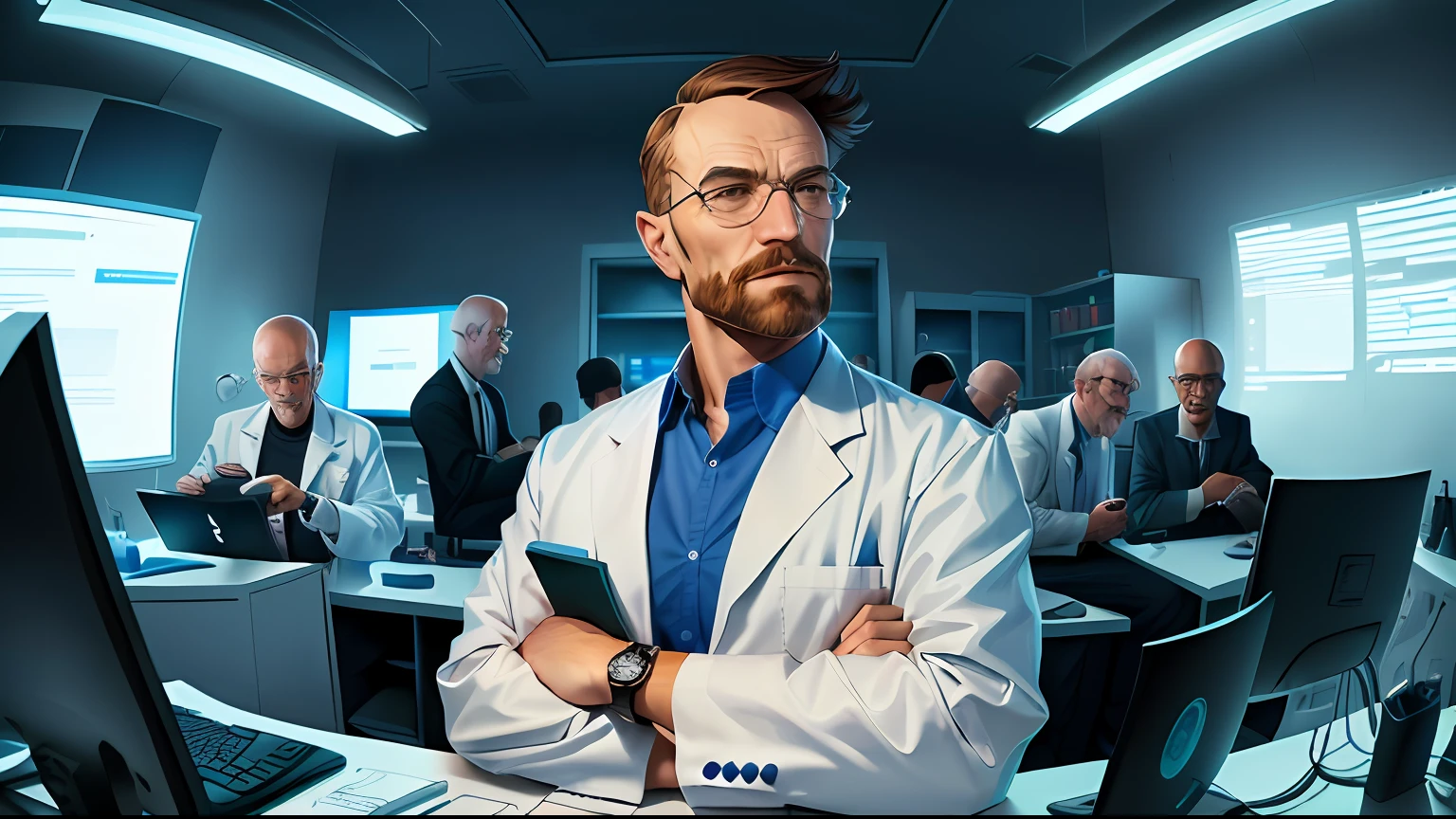 Cartoon of a man in a lab coat talking to another man in a lab, cientista de elite, foxish guy in a lab coat, arte de fundo, stylized digital illustration, cientista louco trabalhando, cientista louco, Cientistas, Walter White em Valorant, stood in a lab, commercial illustration, Game Illustration, cientista de fantasia masculino magro