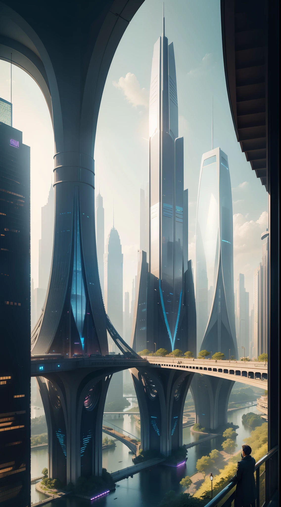 arafed view of a city with a bridge and a river, by Zha Shibiao, inspired by Zha Shibiao, landscape of a future city, inspired by Cheng Jiasui, beeple rendering, city of the future, with tall glass skyscrapers, beautiful city of the future, skyscrapers with greenery