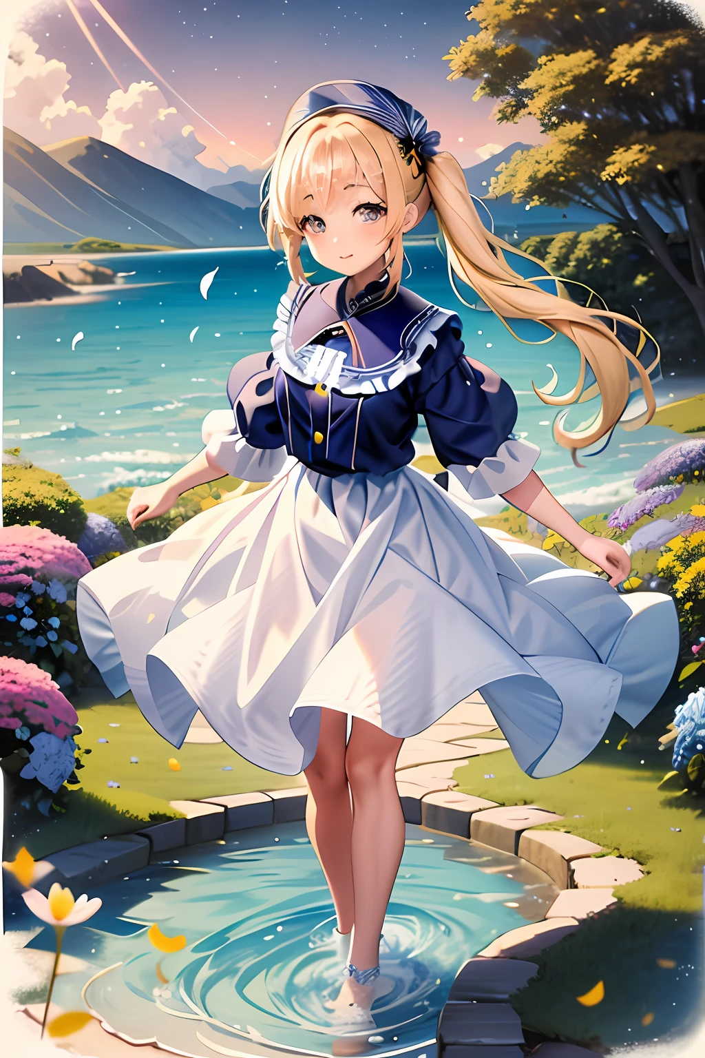 Anime girl in dress standing in water pool, in dress, splash art anime loliall curvy loli, Cunime waifu in a nice dress, Lori, maid clothes, marisa kirisame, cushart krenz key art feminine, a maid in a magical forest, marin kitagawa fanart, Official art, Artorian Pendragon