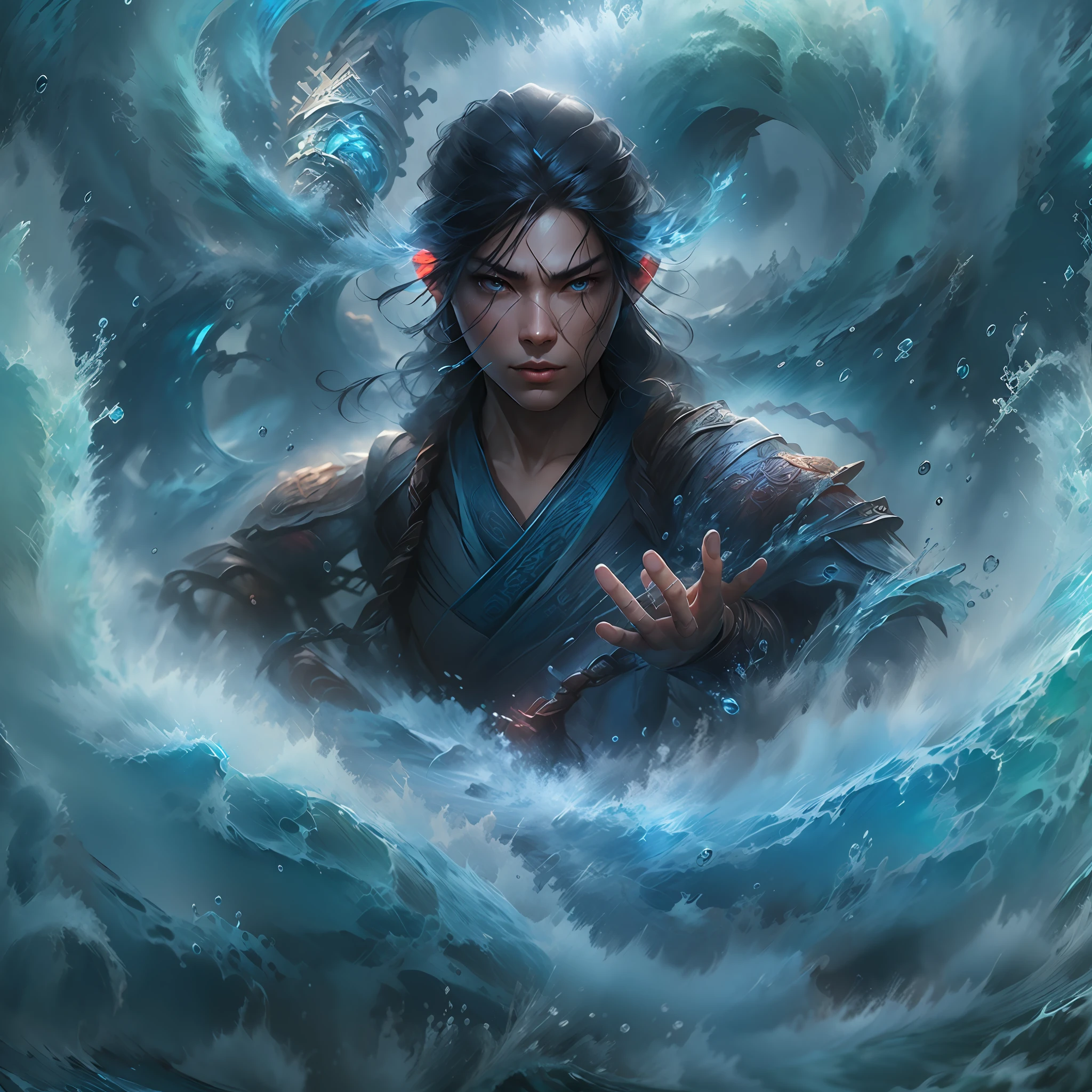 A man controlling the element of water,asian male water elemental, fantasy art, epic digital art illustration,realistic,higly detailed,cinematic