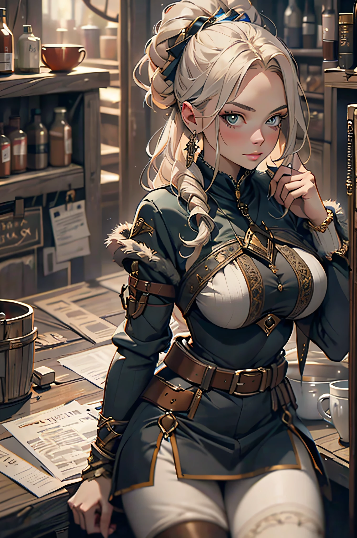 Hunter girl in fantasy tavern, masterpiece, ultra high contrast, intricate details, insane details, 8k