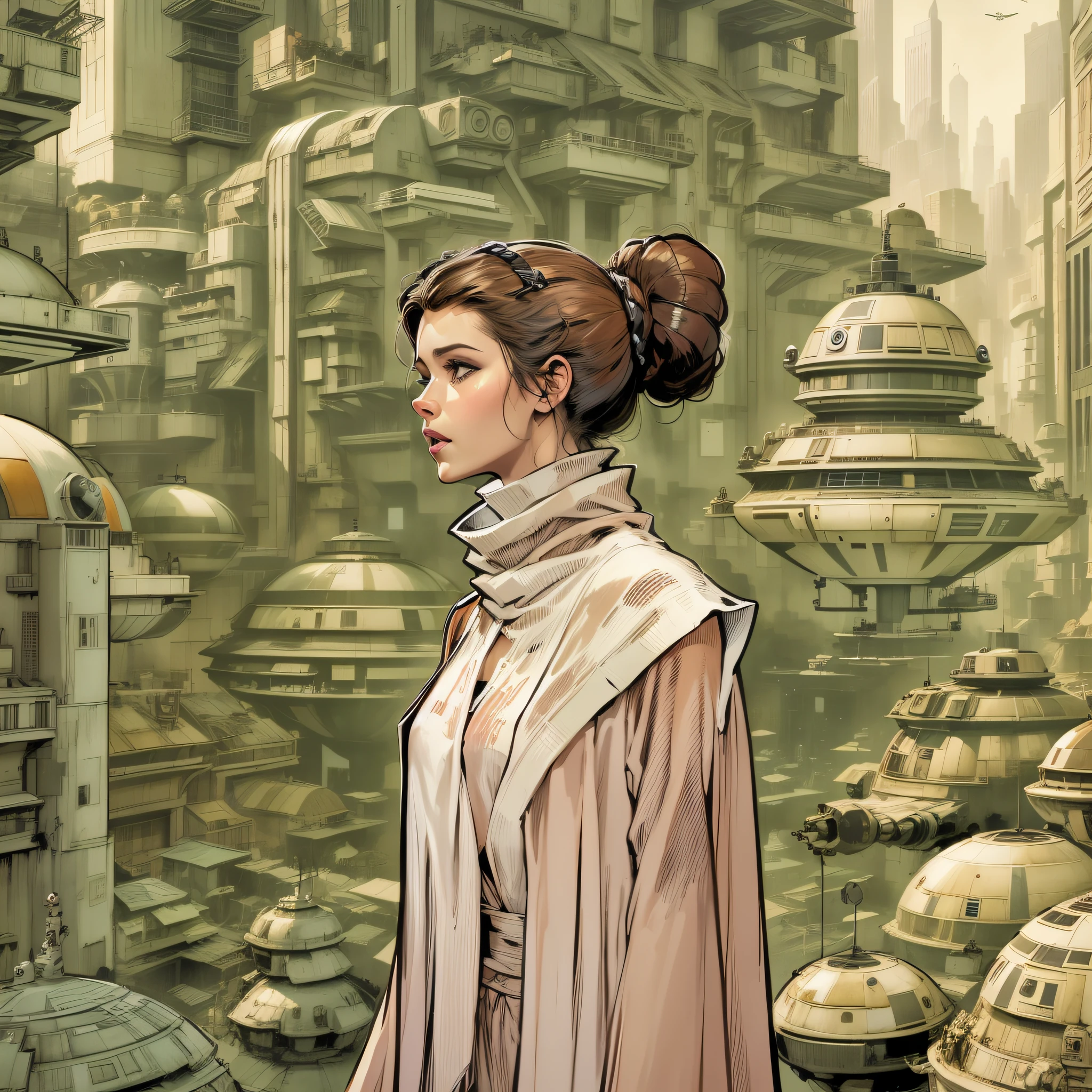 en estilo comic, la princesa leia y su escolta imperial, pasean por las calles de la ciudas de coruscant, con inmensos edificios tecnologicos, y sus naves voladoras,con todo el ambiente y estilo star wars.