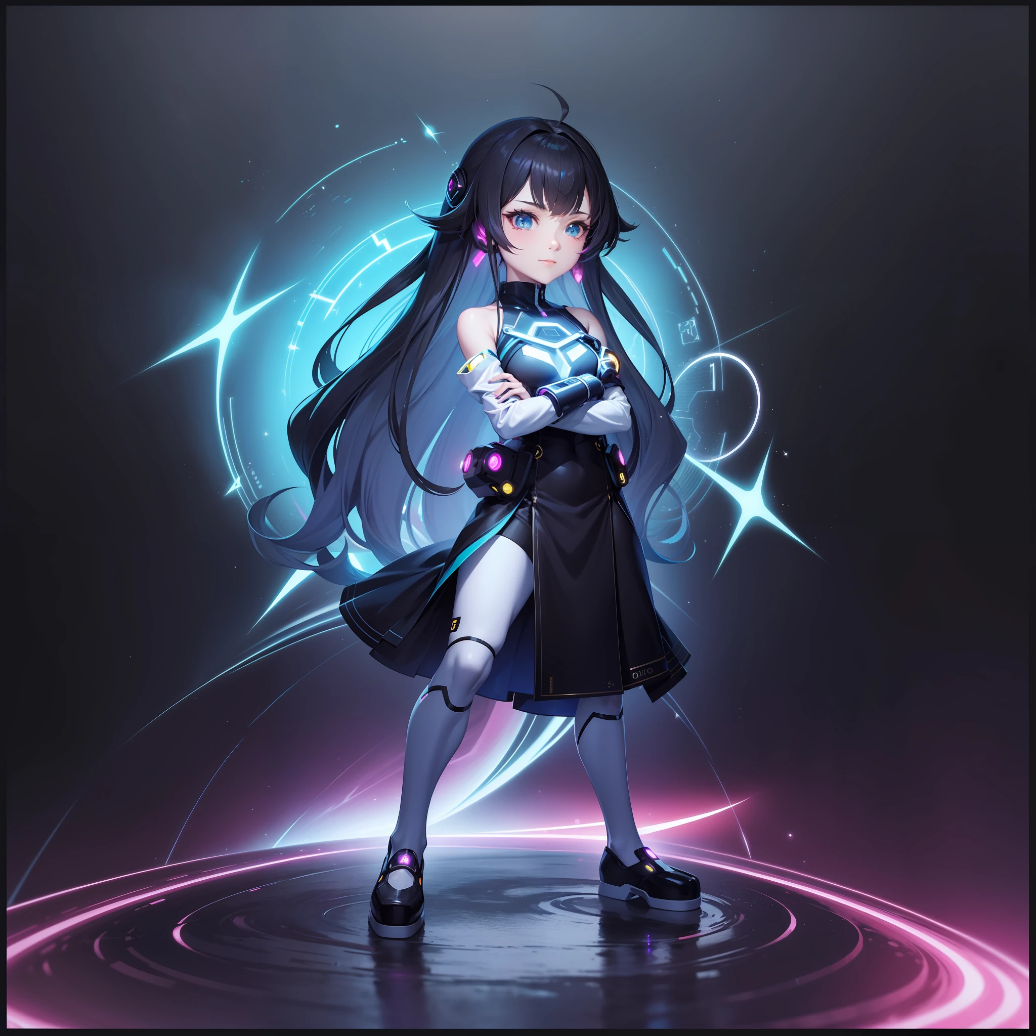 confident, strong-willed, subtle manga-style smile, Sharp eyes detailed, neon color angled Bob, slender figure, Japanese aesthetic. Dressed in futuristic attire reminiscent of 2180, bearing emblems of time and space. The glint in her eyes suggests a deep knowledge of quantum mechanics and the mysteries of the universe. Around her, hints of advanced technology, perhaps artifacts she brought from the future. Her posture is graceful yet commanding, an embodiment of both past and future. Captured in a dynamic, full-body pose that ensures her entire figure is visible and central to the image. No cropping or close-ups. --auto
